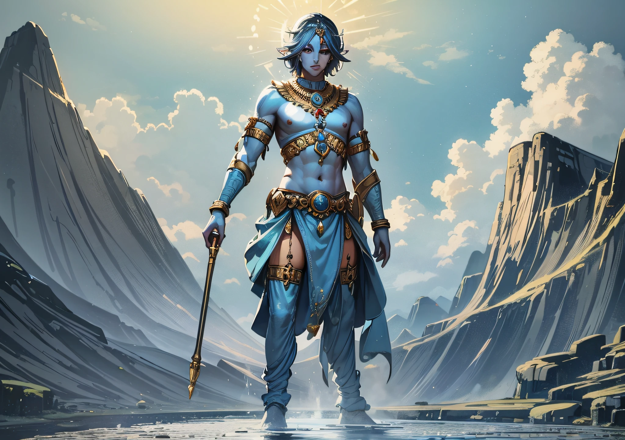 Lord Krishna blue man alone traditional Dhoti, highly detailed symmetrical beautiful hazelnut eyes, highly detailed gorgeous face, full body front pose, ethereal, mystical, cyberpunkk style. Ink dropped in water, splash drips, paper texture, perfect shading, with dramatic lighting. The artwork should be centralized, stylized, and elaborate. The art must have photo-realistic, ultra-realistic, hyper-realistic, ethereal random color, 3d anime style vector, full 3d shot, standing pose, abstract alcoholic paint, cosmic, high on a mountain in the background a futuristic city, highly detailed, rendered in 8K resolution for high quality details, artstation, concept art, smooth and sharp focus, illustration, high detailed soft volumetric volumetric cinematic light, masterpiece of intricate art --auto --s2