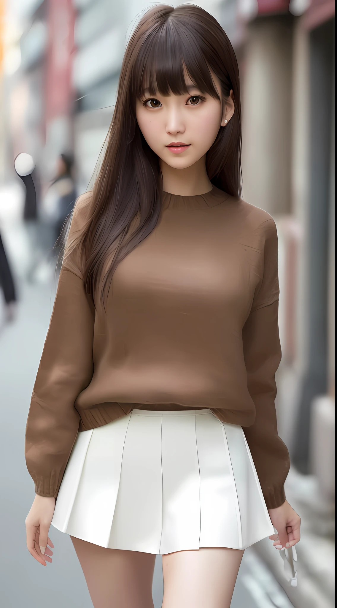 Best quality, super detail, masterpiece, fine detail, high resolution, portrait, 8k wallpaper, realistic details, clothing details, skin details, detailed eyes, photoshop \ (medium \), slim body, 1 girl, Japan people, 30 years old, beautiful eyes, bare skin, well-formed face, bangs, blunt bangs, huge, (pleasant look), mouth open, close-up, wearing a short skirt, white skin, Long hair, brown hair, wearing a sweater, walking on the street, hard breasts, hair fluttering, ears visible
