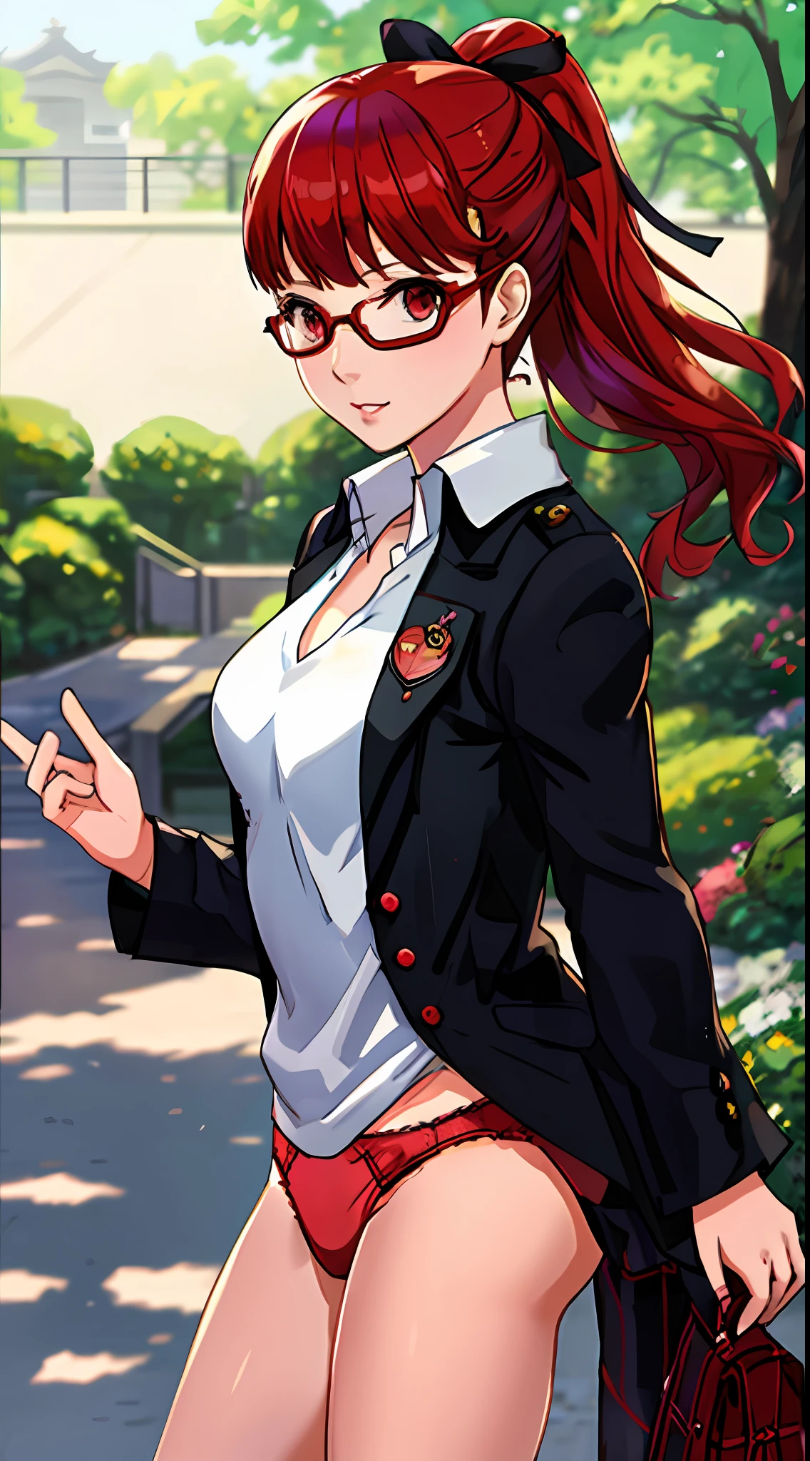 Solo, Sumire Yoshizawa (from persona 5, 1female, white skin, Japanese, red eyes, long red hair with bangs and ponytail, small breasts, glasses), anime, ((?????, ????)) in the school's garden, sunny day, photo from behind,, (masterpiece, best quality, 8k, sharp focus, depth of field, best shadows, perfect lights, HDR, realistic skin texture, hyper detailed background), High school uniform, Panties, (low angle shot)