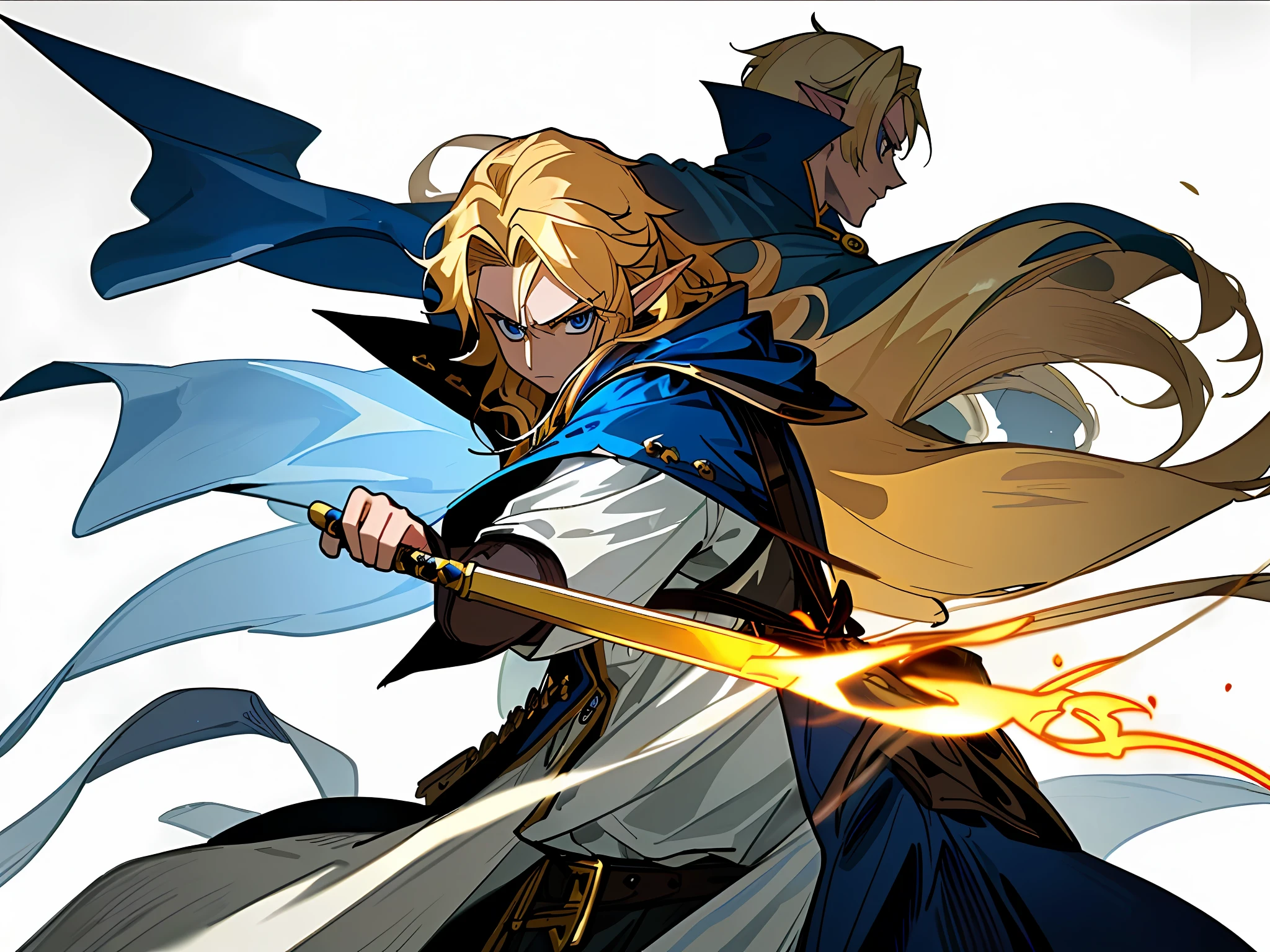 ((masterpiece)),((best quality)),(character design sheet, same character, front, side, back), illustration, realism, 1 elf mage, blonde hair, golden locks of hair, blue eyes, Fight pose, male, Blue jacket, white shirt, pirate style, minimalist, Wind cape black fire sword, rpg character, (single background, white background: 1.3), --6