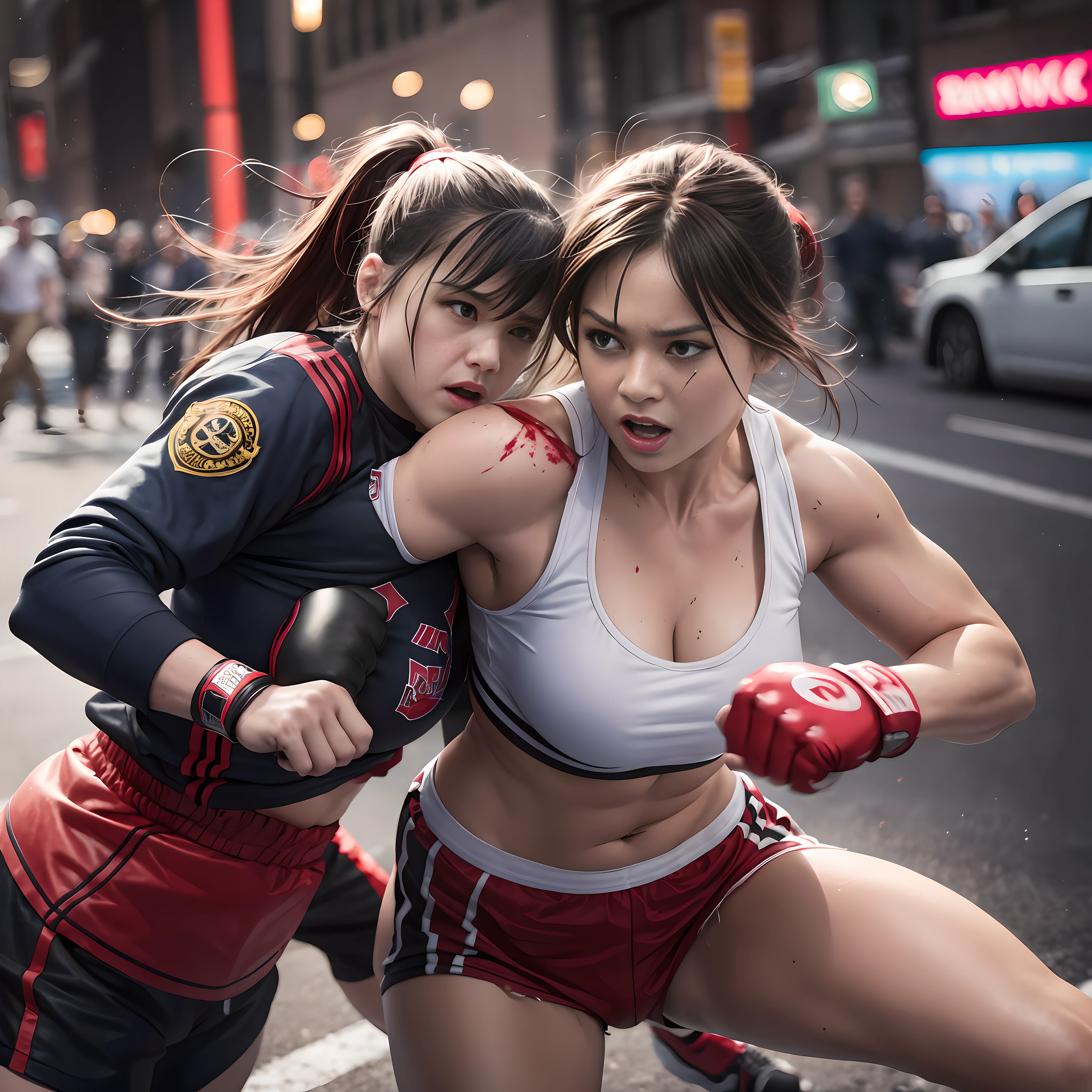 Street fight, woman fights to the death with heavyweight fighter, face straight punch hits directly to the face, super high quality, 8k, 32k, f1.8, cinematic images, fine details, blood splashes, --auto --s2