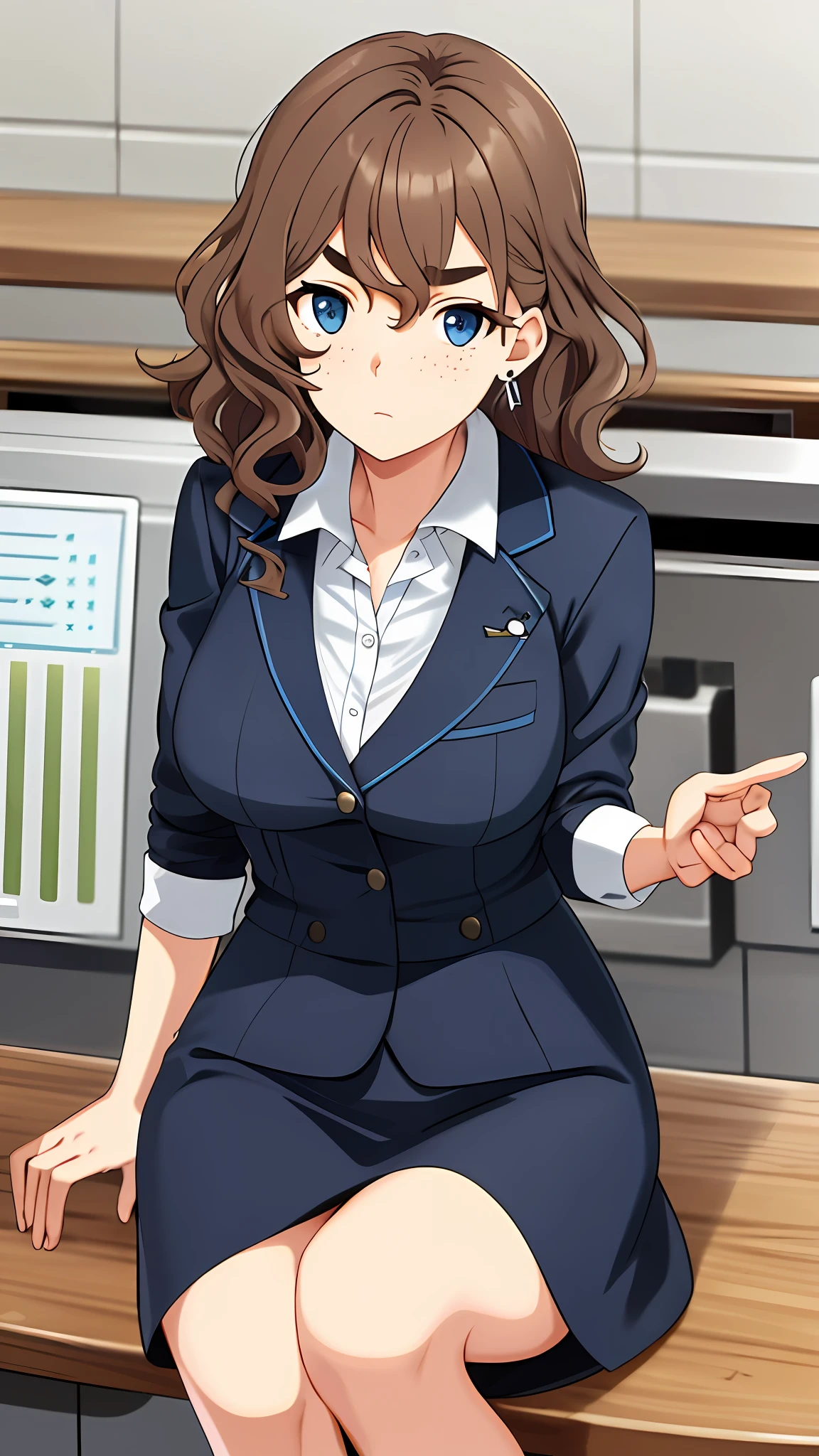 Receptionist, wavy hair, light brown hair, reception, blue eyes, contemporary work clothes, thin sharp eyebrows, round earrings, medium breasts, medium waist, sitting in the cafeteria, apparent freckles, 20 years old