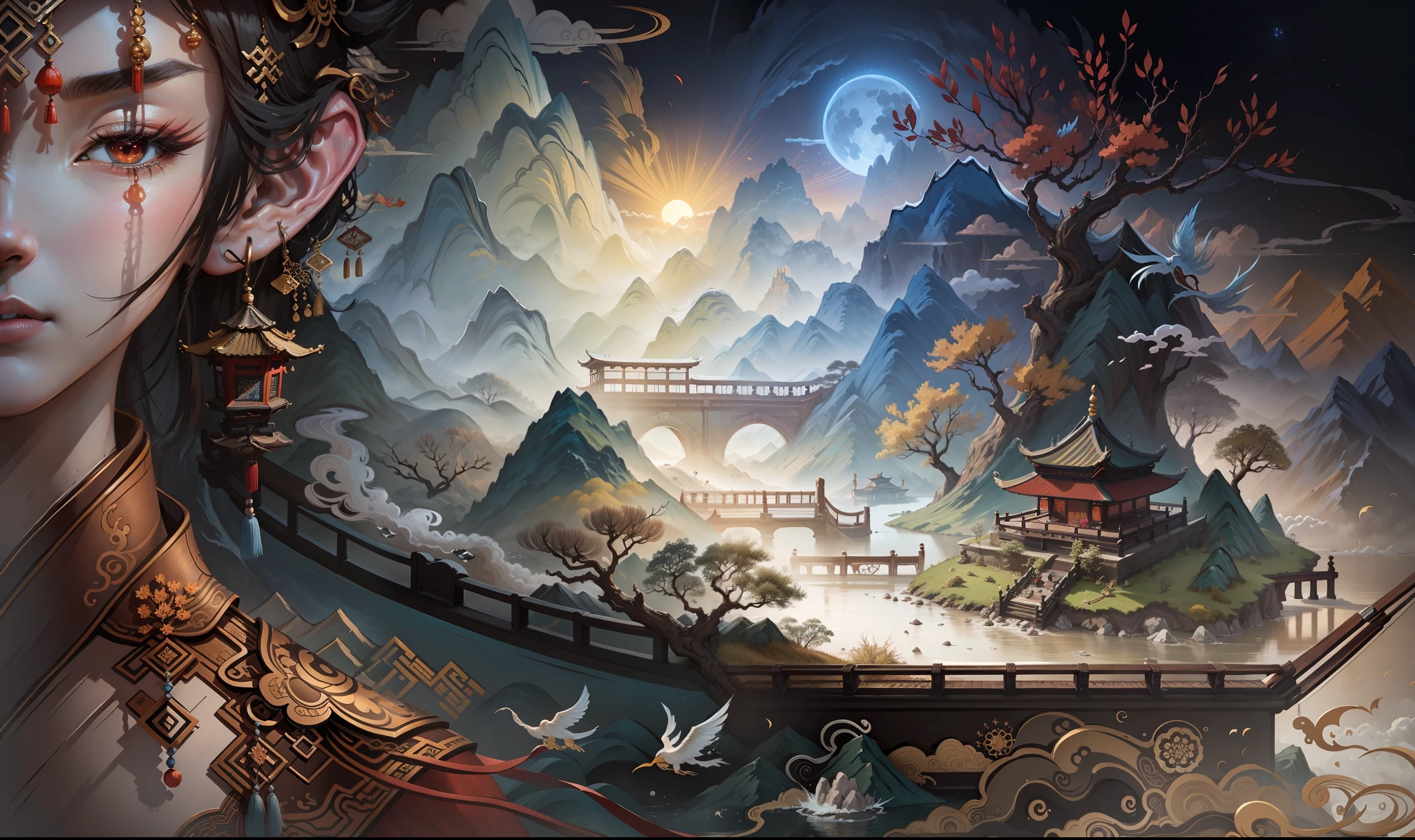 Ancient Chinese scenery, mountains, rivers, auspicious clouds, sunshine, masterpieces, super detail, epic composition, ultra HD, high quality, extremely detailed, official art, unified 8k wallpaper, Super detail, 32k -- v 6