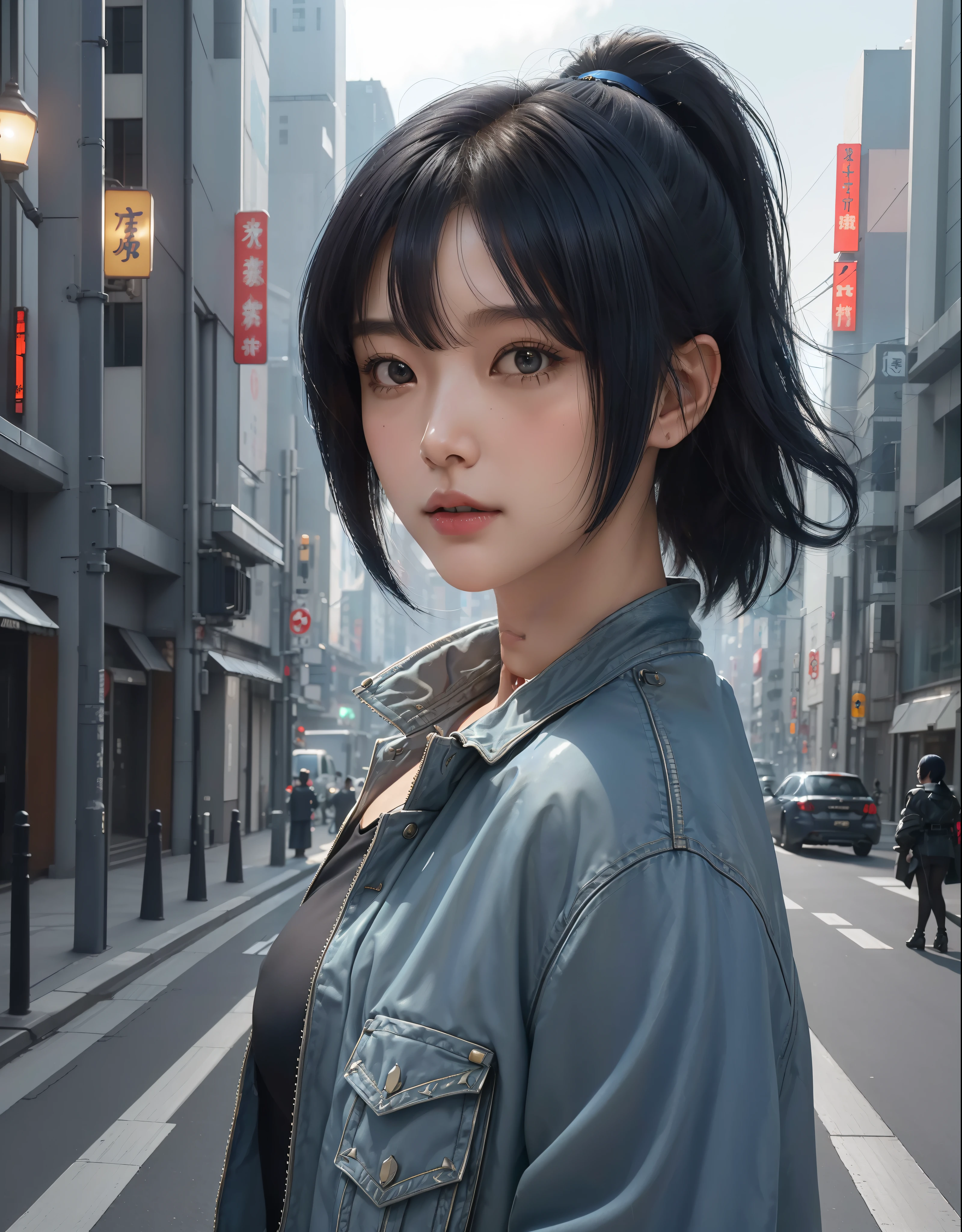 (masterpiece), ((high details)), (high detail face), intricate detail, depth of field, backlighting, award winning, high quality, best quality, 8k, Motoko Kusanagi, (inverted bob hair:1.3), short dark blue hair, ponytail, cyberpunk jacket, black short denim, outside, street, Tokyo, night, standing, looking at the viewer