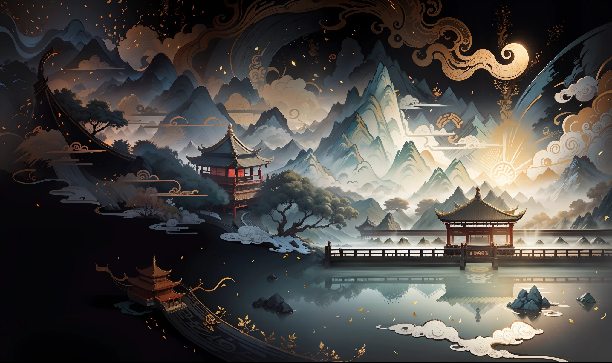 Ancient Chinese scenery, mountains, rivers, auspicious clouds, sunshine, masterpieces, super detail, epic composition, ultra HD, high quality, extremely detailed, official art, unified 8k wallpaper, Super detail, 32k -- v 6