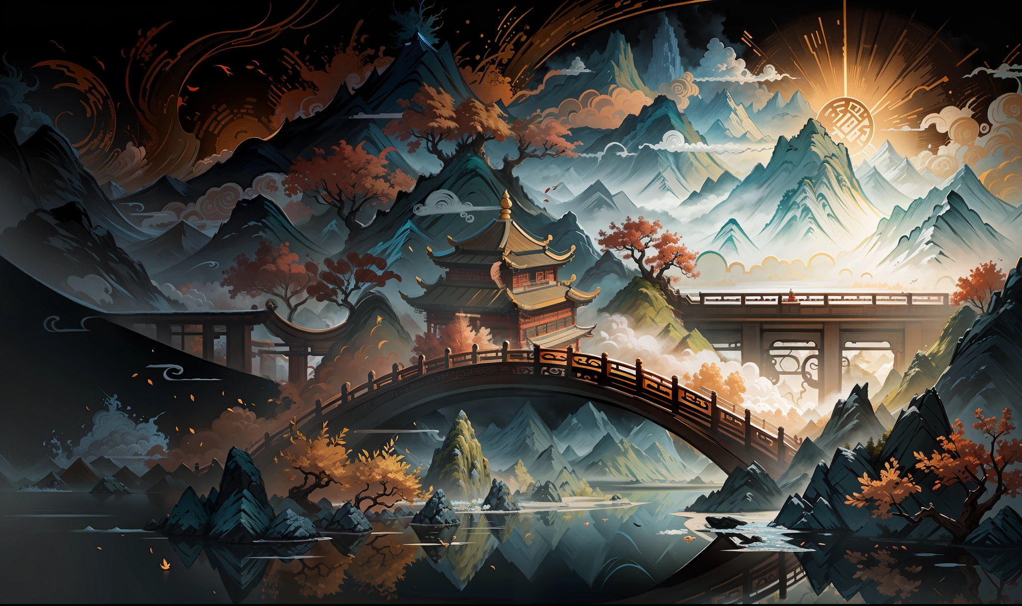 Ancient Chinese scenery, mountains, rivers, auspicious clouds, sunshine, masterpieces, super detail, epic composition, ultra HD, high quality, extremely detailed, official art, unified 8k wallpaper, Super detail, 32k -- v 6