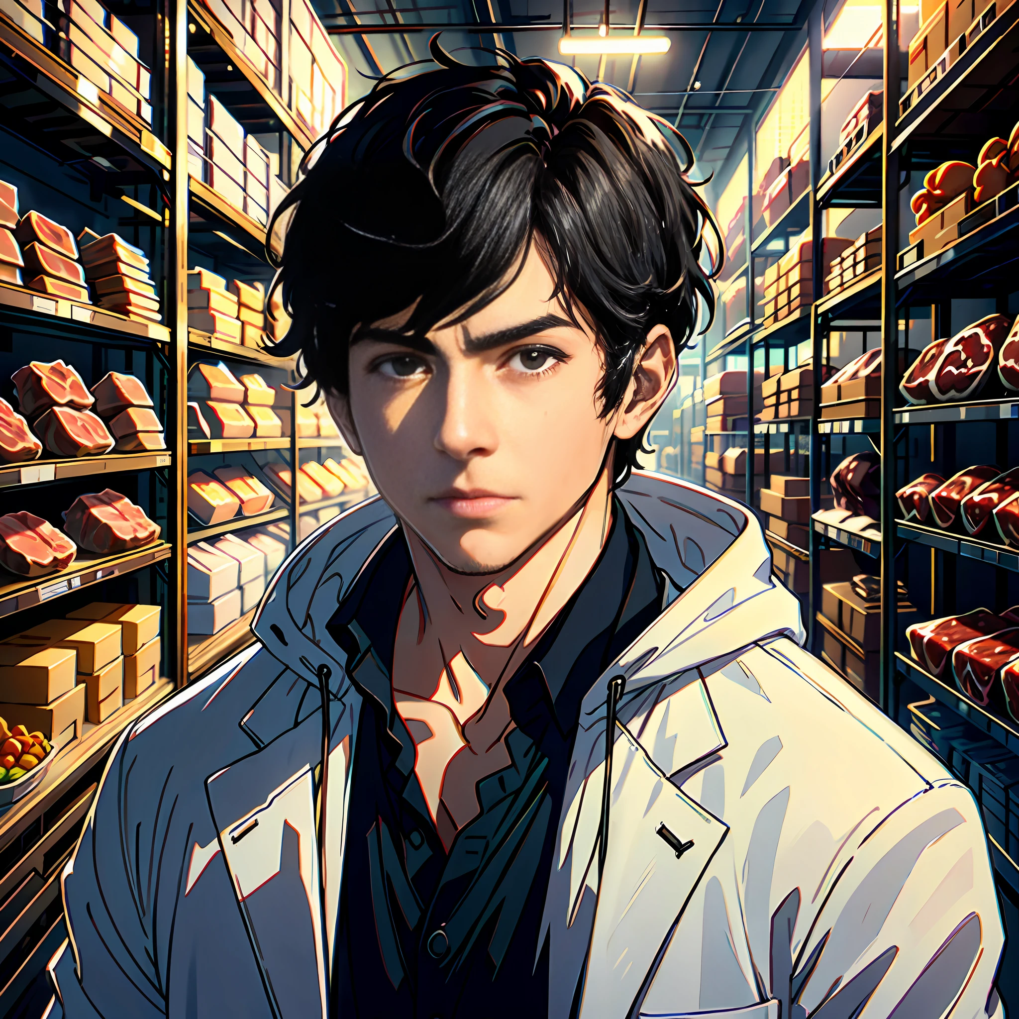 A handsome boy, white sports coat, short black hair, super high detailing, in a huge warehouse, piled with meat, highly real, UHD, chiaroscuro