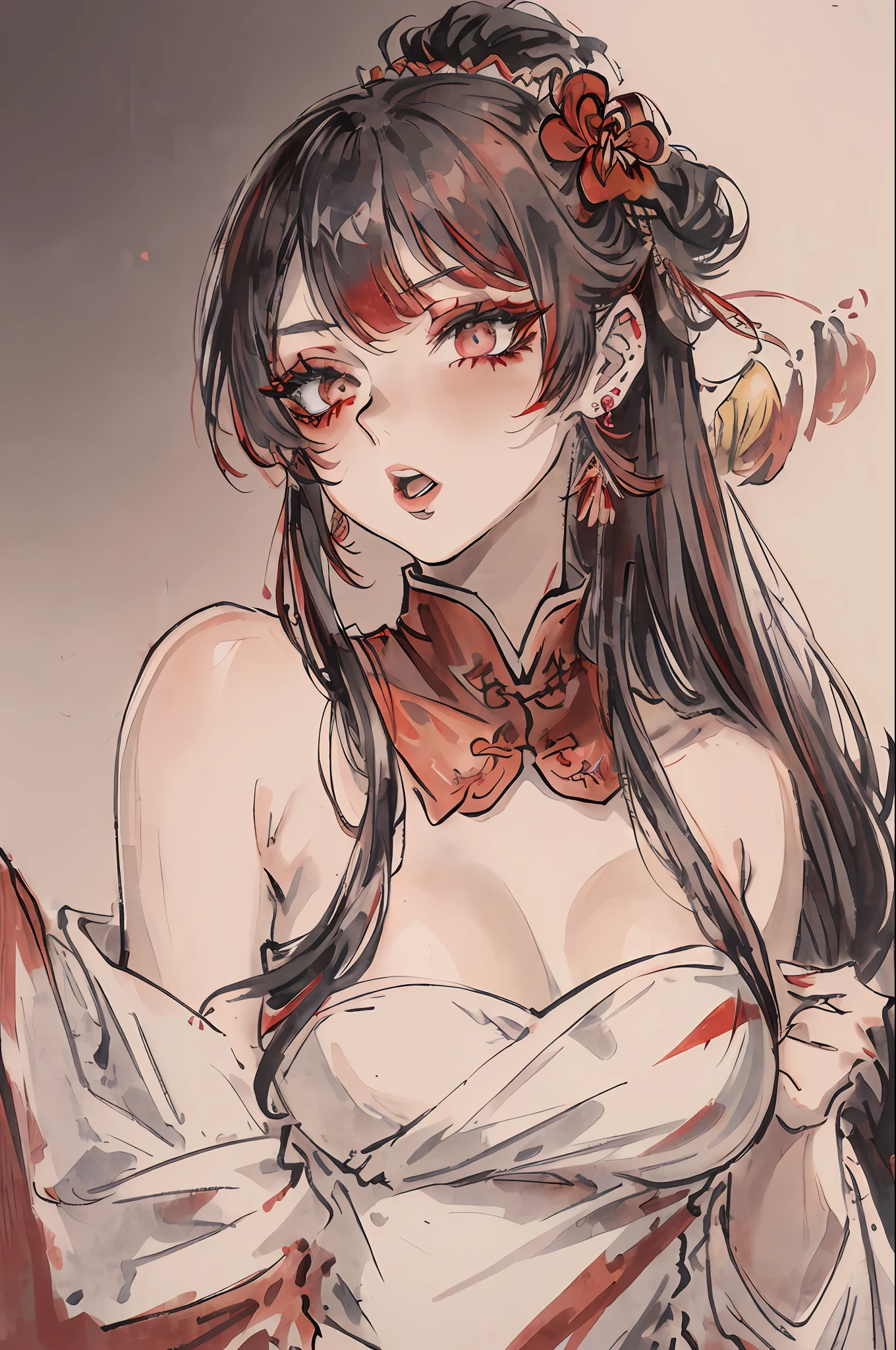 ((high resolution)), (open mouth), (bust), (best quality)), ((ultra-fine CG), ((8k_wallpaper)), dynamic angle, floating, (beautiful eyes), very delicate and beautiful girl, upper body, ink painting, (Chinese style), black eyes, burning, detail light. from_low, (dark hair), (red) spider lily: 1.33), aqua eye, (hair flower): 1.3), bloom, single, starry sky, hair ornament, earrings, jewelry, messed up hair, bare shoulders, half eyes, bloom, (for men), fairy, (Hanfu: 1.3), (medium breasts): 1.2), (eyeshadow, red eyeliner: 1.15), (eyeshadow, red eyeliner: 1.15), (eyeshadow, red eyeliner: 1.15), (eyeshadow, red eyeliner: 1.15), (eyeshadow, red eyeliner: 1.15), (eyeshadow, red eyeliner: 1.15), (eyeshadow, red eyeliner: 1.15), (eyeshadow, red eyeliner: 1.15), (eyeshadow, red eyeliner: 1.15), (eyeshadow, red eyeliner: 1.15), (eyeshadow, red eyeliner: 1.15), (eyeshadow, red eyeliner: 1.15), (eyeshadow, red eyeliner: 1.15) I Liner: 1.15), (Eyes Seen Through Hair: 1.2), (Solo), Red Moon