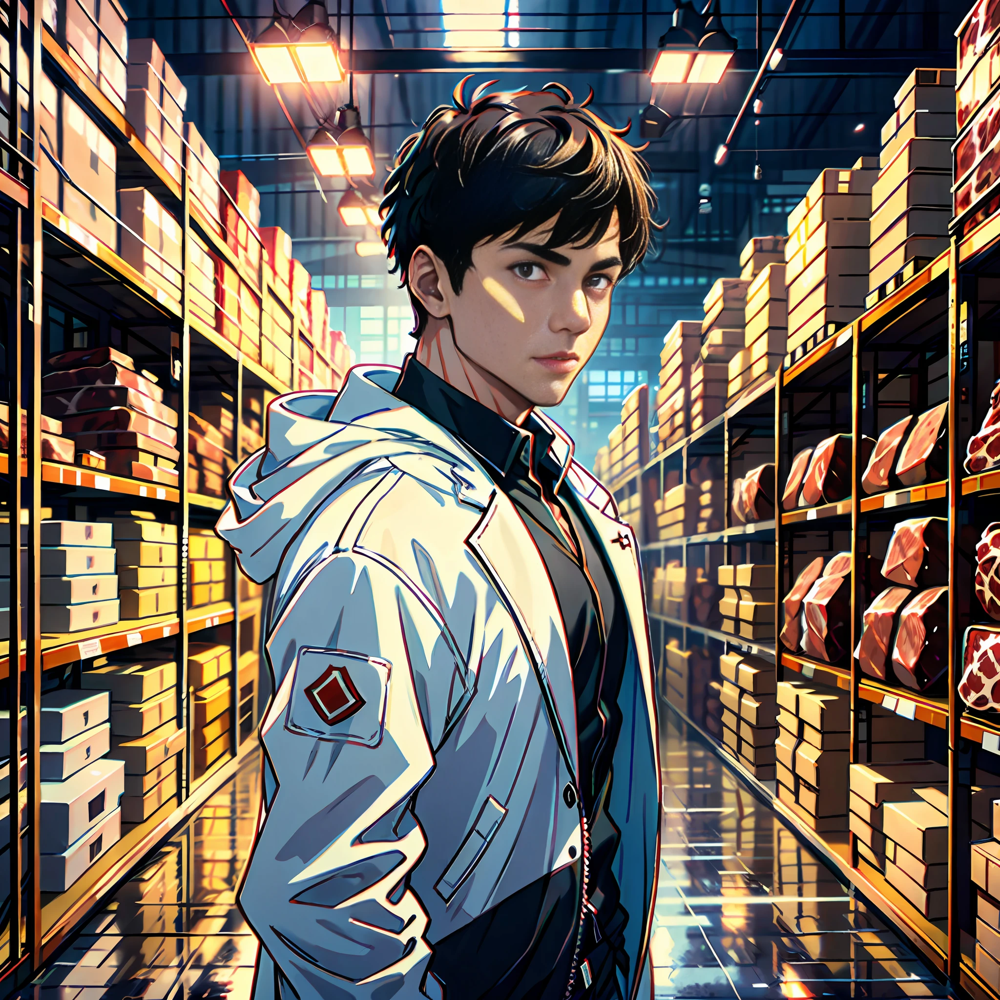 A handsome boy, white sports coat, short black hair, super high detailing, in a huge warehouse, piled with meat, highly real, UHD, chiaroscuro
