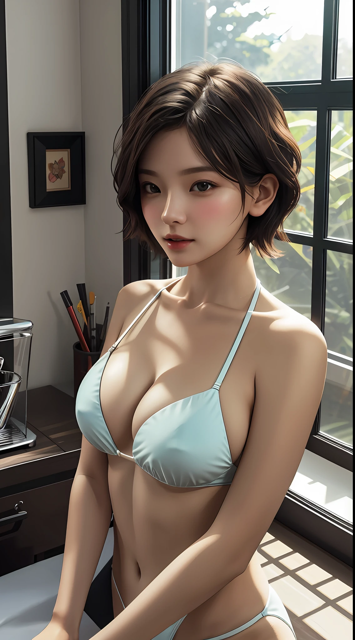 girl, single, top quality, upper body, beautiful, pretty, radiant, room, warm, window front, short hair, masterpiece, ultra clear, realistic, ray tracing, big tits, bikini