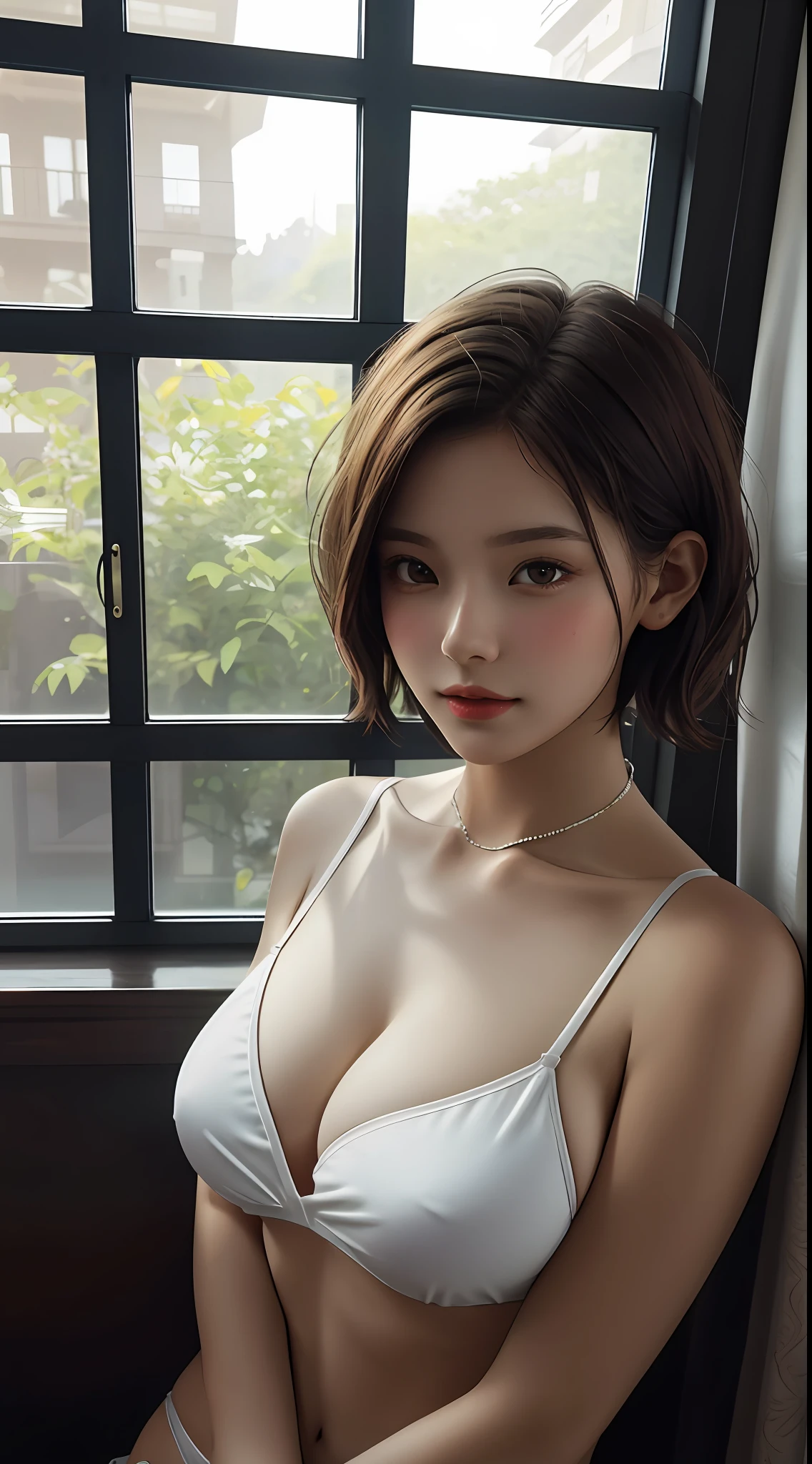 girl, single, top quality, upper body, beautiful, pretty, radiant, room, warm, window front, short hair, masterpiece, ultra clear, realistic, ray tracing, big tits, bikini