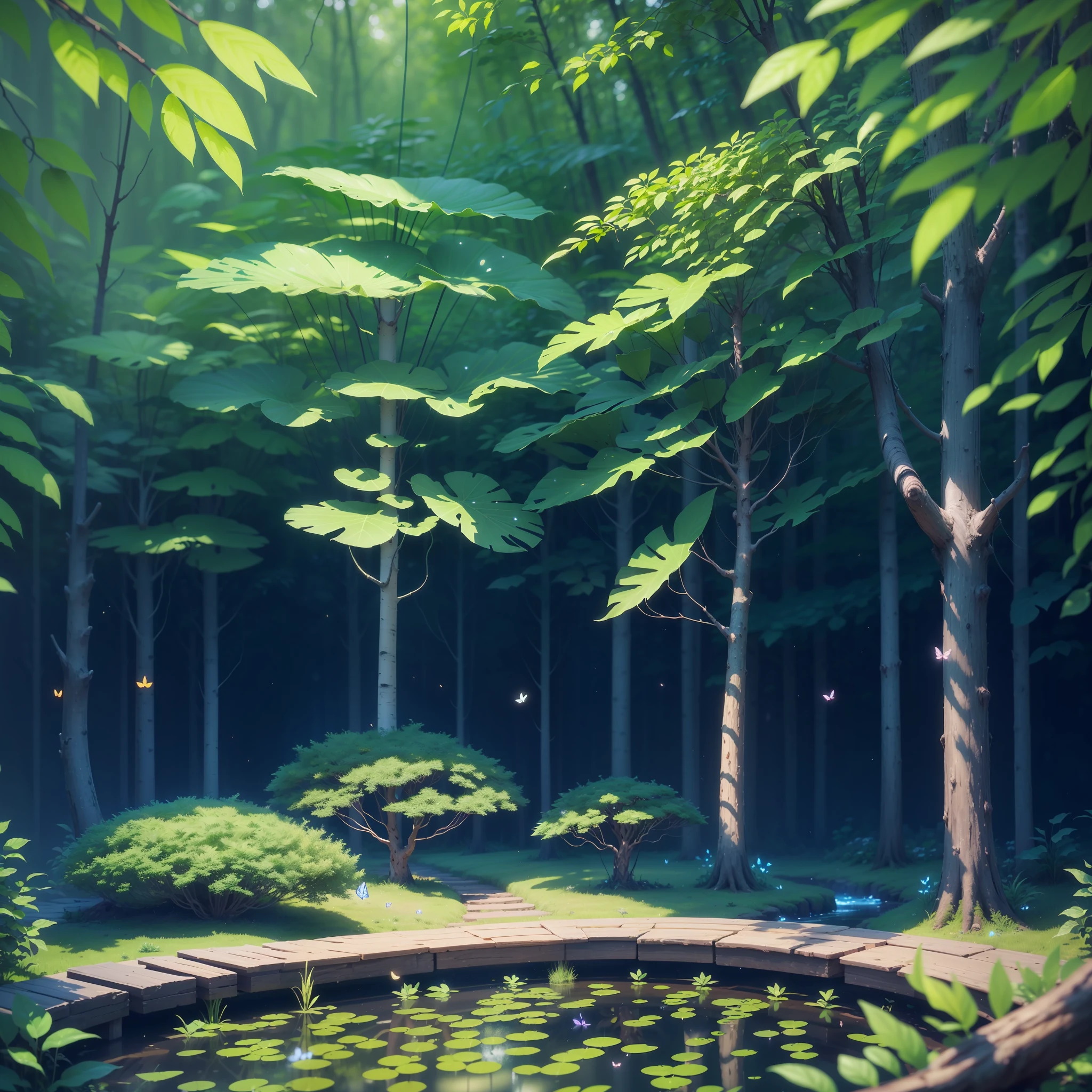 Masterpiece, best quality, (very detailed 8k CG unit wallpapers), (best quality), (best illustrations), (best shadows), forest theme with natural elements. Tall trees, quiet streams, small bright mushrooms, surrounded by delicate leaves and branches, with fireflies and bright particle effects, (natural elements), (jungle theme), (leaves), (branches), (fireflies), butterflies, (delicate leaves), (brightness), (particle effects). , isometric 3D, Octane rendering, ray tracing, super detail --auto --s2