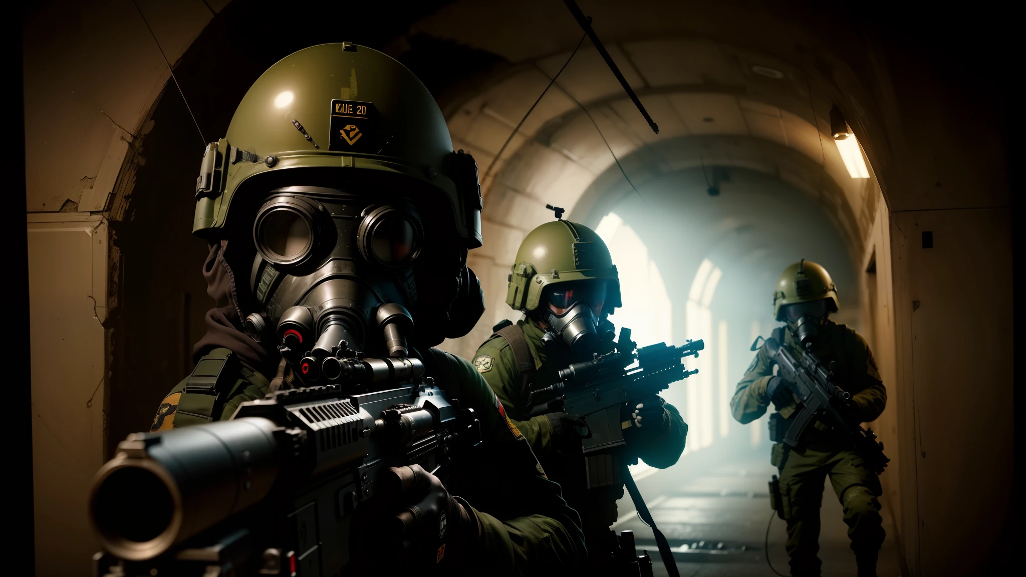 vsoldiers in gas masks and gas masks with guns in a tunnel, 2 0 2 1 cinematic 4 k framegrab, kris kuksi, fantasy photography, anamorphic wide angle lens, andreas franke, 2019, energetic beings patrolling, winning photograph, by Ryūsei Kishida, set photo, miltary, bullpup --auto --s2