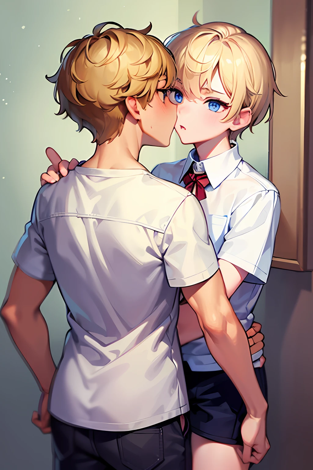 (masterpiece, top quality: 1.2), two boys, kissing, blonde, blue eyes, shirt, shorts
