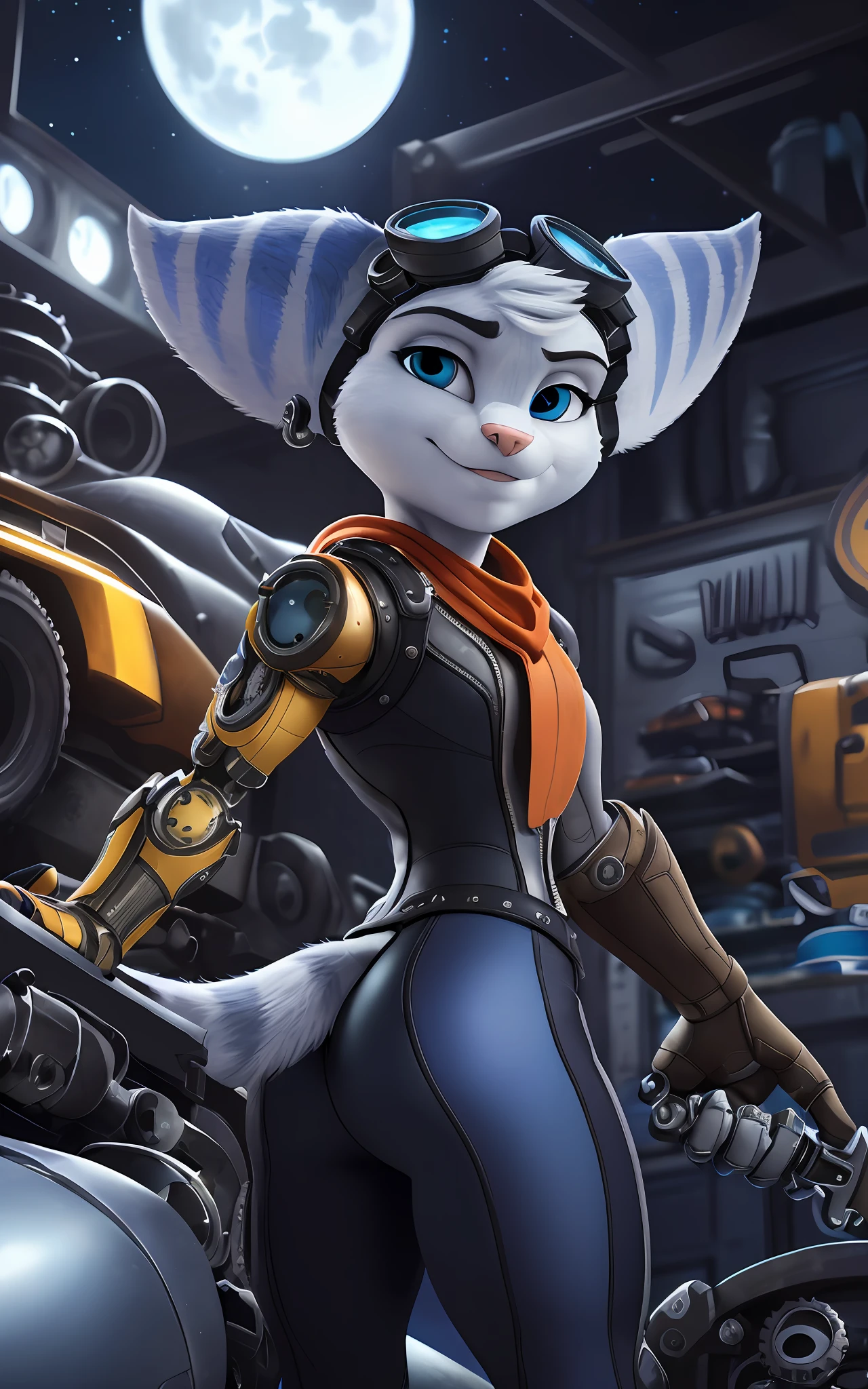 [rivet from Dreamworks ratchet and clank], [Uploaded to e621.net; (mayosplash), (Pixelsketcher)], ((masterpiece)), ((solo portrait)), ((1girl)), ((raw photo)), ((full body)), ((behind view)), ((furry; antrhopromorphic)), ((detailed fur)), ((raytracing; reflective surfaces)), ((detailed shading)), ((beautiful render art)), ((cel shading)), ((nighttime lighting)), {anthro lombax; (grey fur, pink nose, pointed ears), round blue eyes, seductive gaze), (grey and blue skintight zip-up suit; grey lining, orange scarf, goggles on head), small boobs, curvaceous thin hips, sexy ass), (prosthetic arm; LEFT arm, yellow robot arm)}, ((holding wrench; attractive pose), [background; ((mechanic shop; gears and machinery), starry night sky, full moon)]