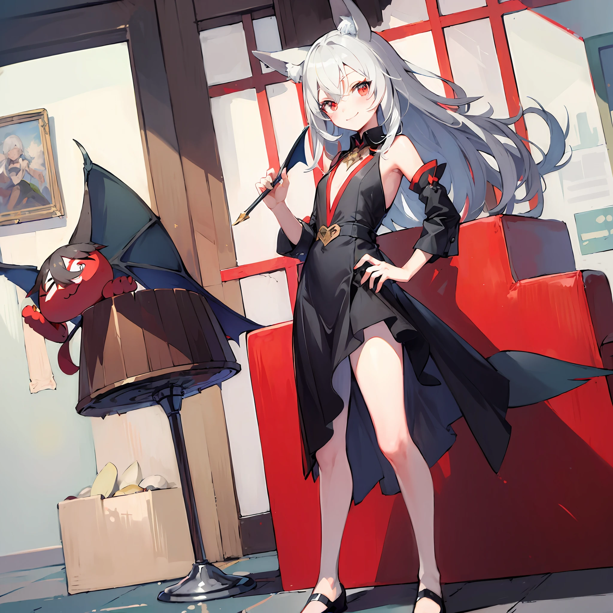 (((((masterpiece))))), high quality, very_high_resolution, large_filesize, full color、flat color, flat shading, fox ears, gray hair, short, little devil wings, pose in motion, charming smile, girl cute