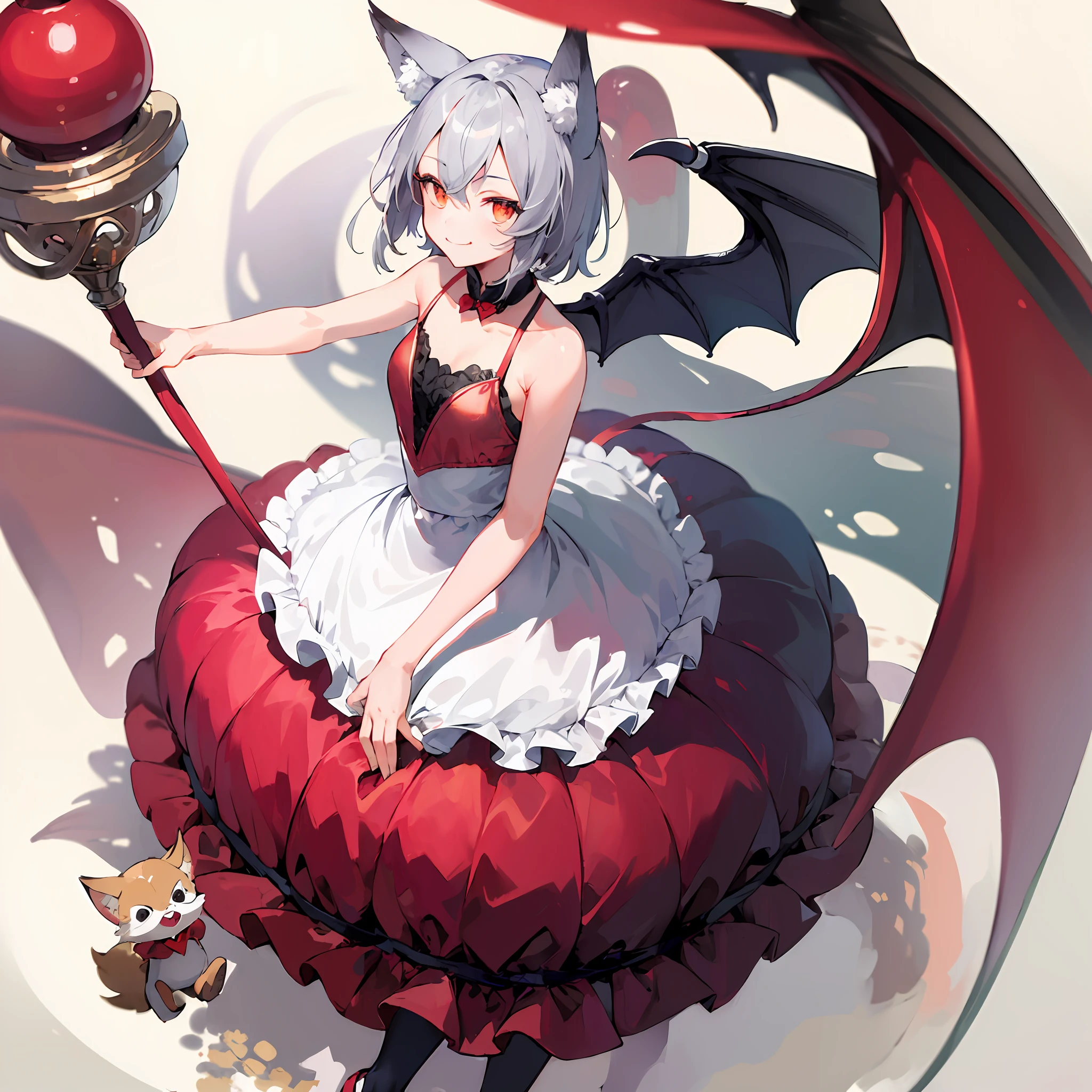 (((((masterpiece))))), high quality, very_high_resolution, large_filesize, full color、flat color, flat shading, fox ears, gray hair, short, little devil wings, pose in motion, charming smile, girl cute