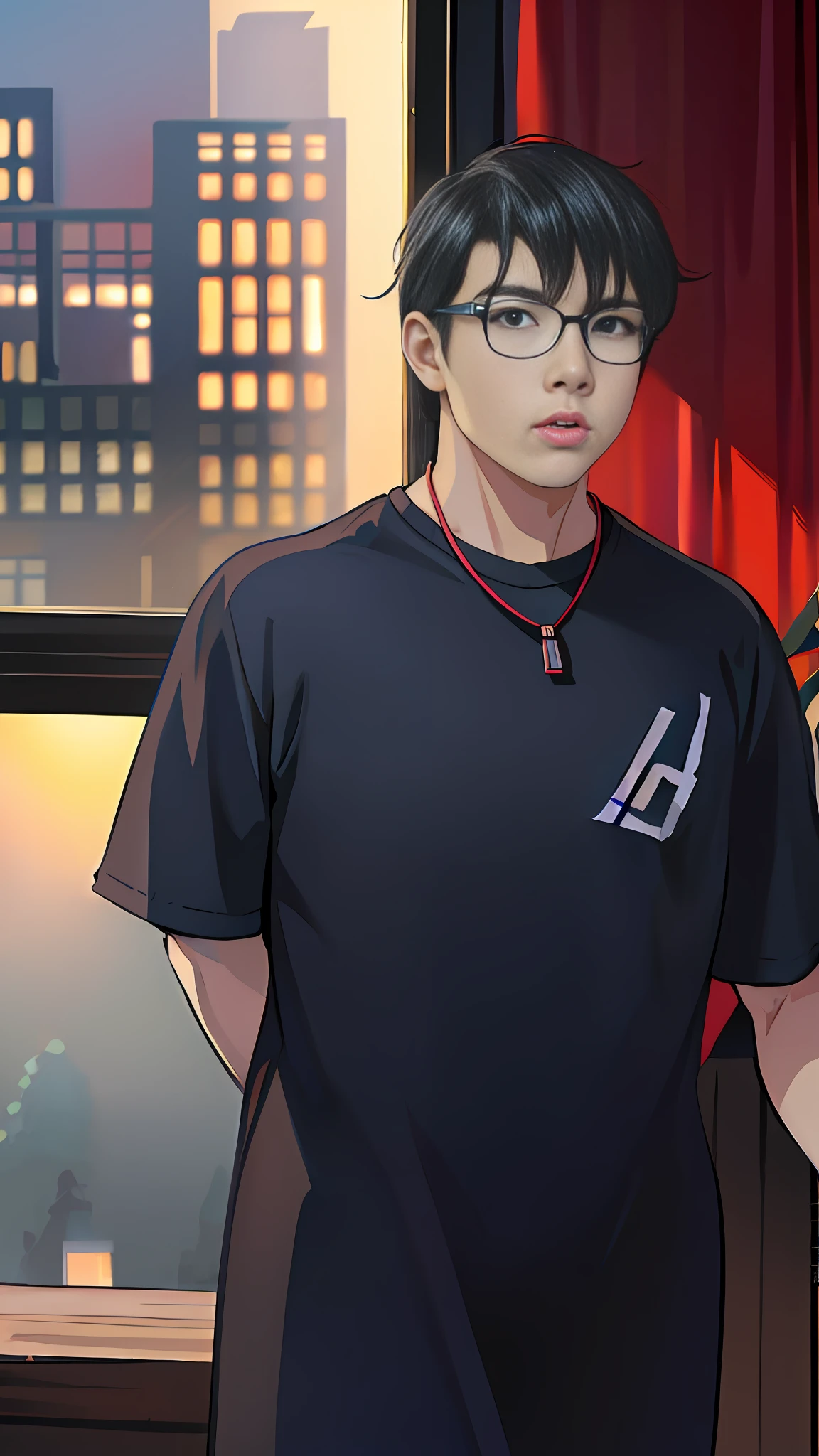 anime boy in black shirt standing in front of window with city view, heise jinyao, g liulian art style, artwork in the style of guweiz, range murata and artgerm, inspired by Jang Seung-eop, official fanart, lofi portrait, high quality portrait, inspired by Bian Shoumin, smooth anime cg art