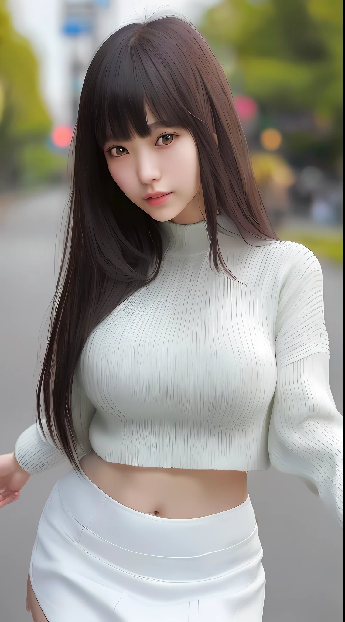 Best quality, super detail, masterpiece, fine detail, high resolution, portrait, 8k wallpaper, realistic details, clothing details, skin details, detailed eyes, photoshop \ (medium \), slim body, 1 girl, Japan people, 30 years old, beautiful eyes, bare skin, well-formed face, bangs, blunt bangs, huge, (pleasant look), mouth open, close-up, wearing a short skirt, white skin, Long hair, dark hair, wearing a sweater, walking on the street, hard breasts, hair fluttering, ears visible, navel visible