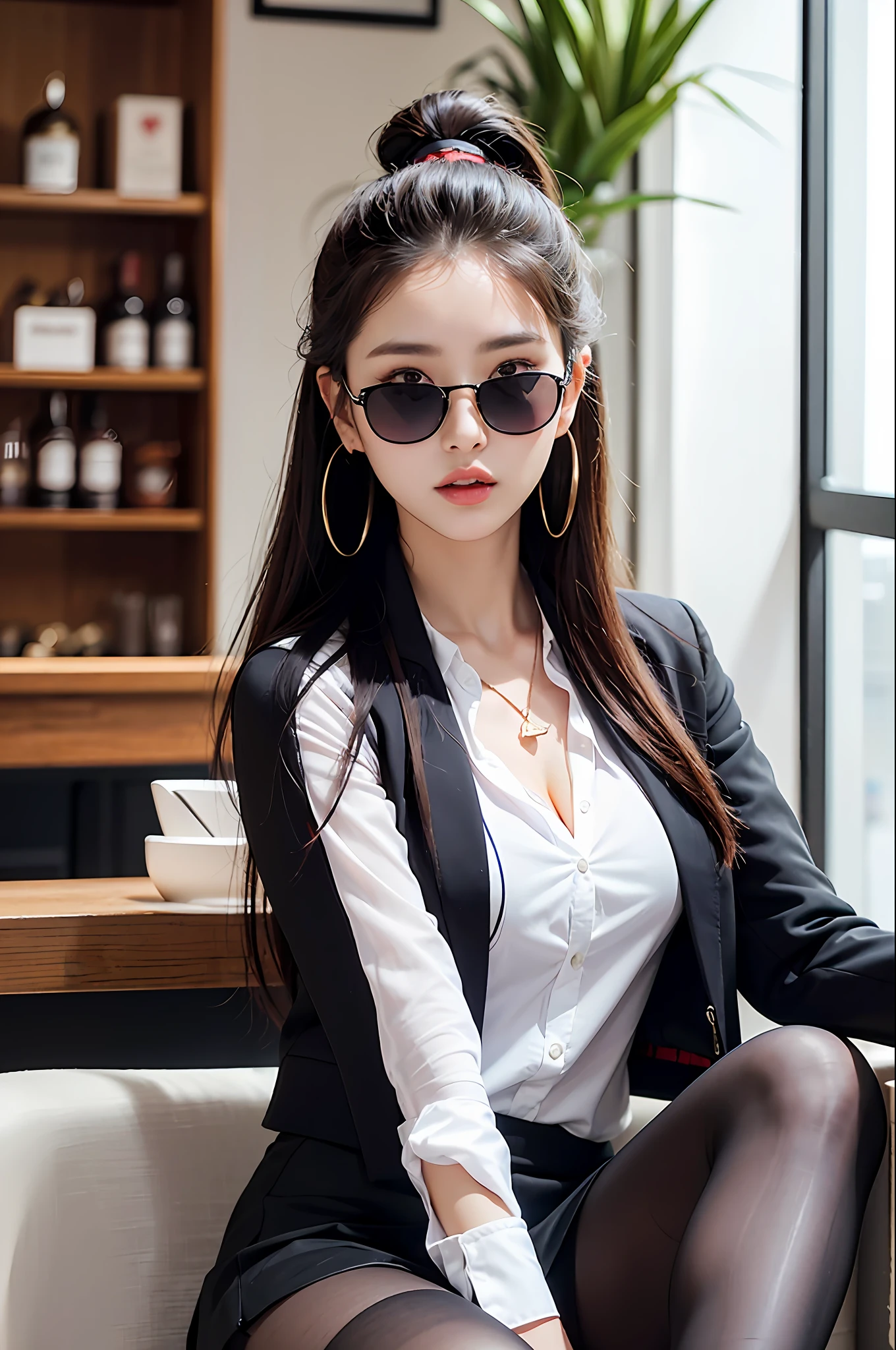 Exquisite, masterpiece, beautiful details, colorful, delicate details, delicate lips, intricate details, large breasts, black sunglasses with cool, 1 woman, (a beautiful 20-year-old cute Korean woman: 1.1), (kpop idol, Korean mixed), (50mm Sigma f/1.4 ZEISS lens, F1.4, 1/800s, ISO 100, photograpy:1.1), (ponytail + brunette 1.2), ( Photorealistic: 1.4), (SPY: 1.2), (Open Jacket, Shirt, Skirt, Tie, Black Pantyhose, Christian Louboutin\(Brand\),:1.3), Earrings, Necklaces, Armbands, (Tavern, Bar:1.2), (Beautiful Legs, High Girl, Skinny, slim_legs, thigh_gap, Model: 1.2 ), lens, flare from the front, (cool expression), dynamic pose, (makeup: 1.2), (sitting in a wide office boss chair))