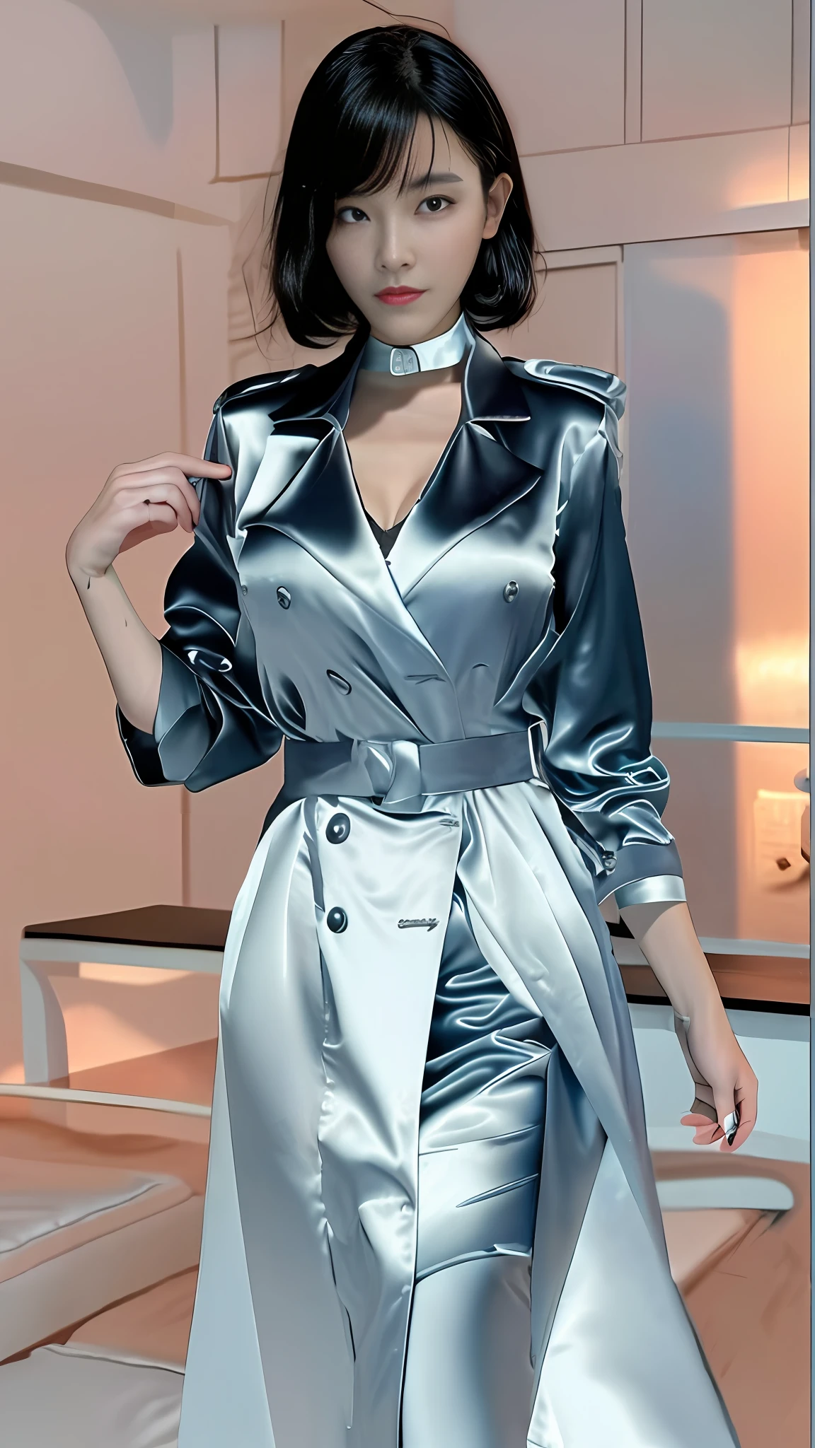 top quality, high resolution, ultra-detailed, wear a satin wrench coat, the material of the satin wrench coat and satin blouse is shiny, soft and smooth to the touch, the buttons of the satin wrench coat are large, the buttons in front of the satin wrench coat are fastened, and the underwear is not worn, the collar of the satin blouse must be taken out of the satin wrench coat, Body-fitting satin blouse, satin blouse color is black, chest is C cup, Japan AV model, wearing a shirt, wearing a coat, one beauty, the place is a hotel bedroom, the eyes are clear double, Wet lips and appeal, the subject is alone, the subject's face is all on the screen, inviting provocative look, sleeping on your back on the bed,