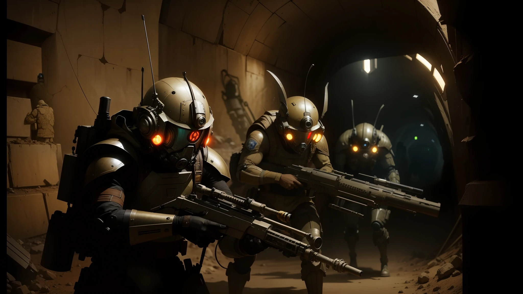 several soldiers with weapons are walking through a tunnel, still from alita, steampunk robot ant, from doctor who series, action poses with weapons, wasps, inspired by Kamagurka, the potatoes eaters, screengrab, miners --auto --s2