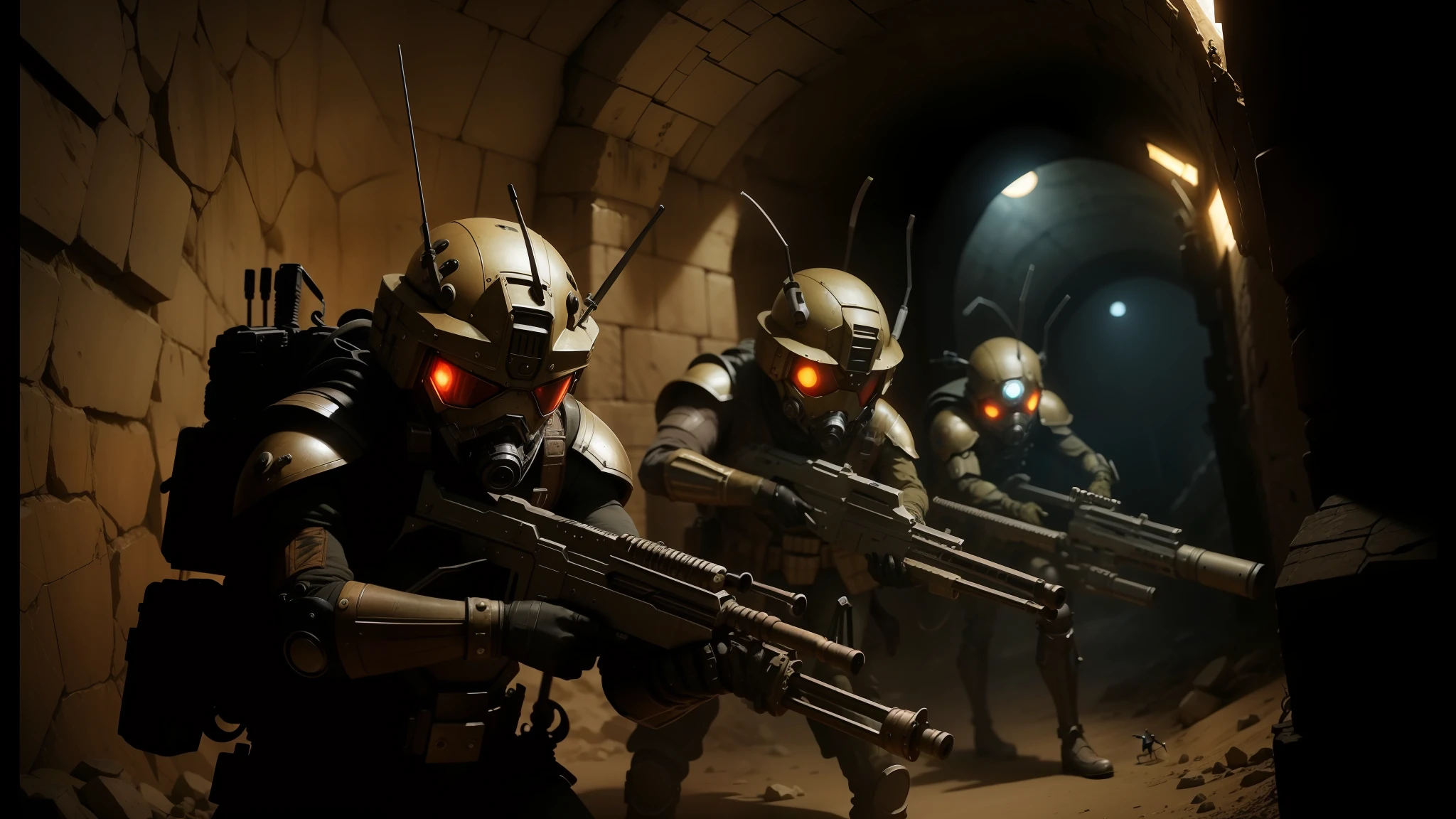 several soldiers with weapons are walking through a tunnel, still from alita, steampunk robot ant, from doctor who series, action poses with weapons, wasps, inspired by Kamagurka, the potatoes eaters, screengrab, miners --auto --s2