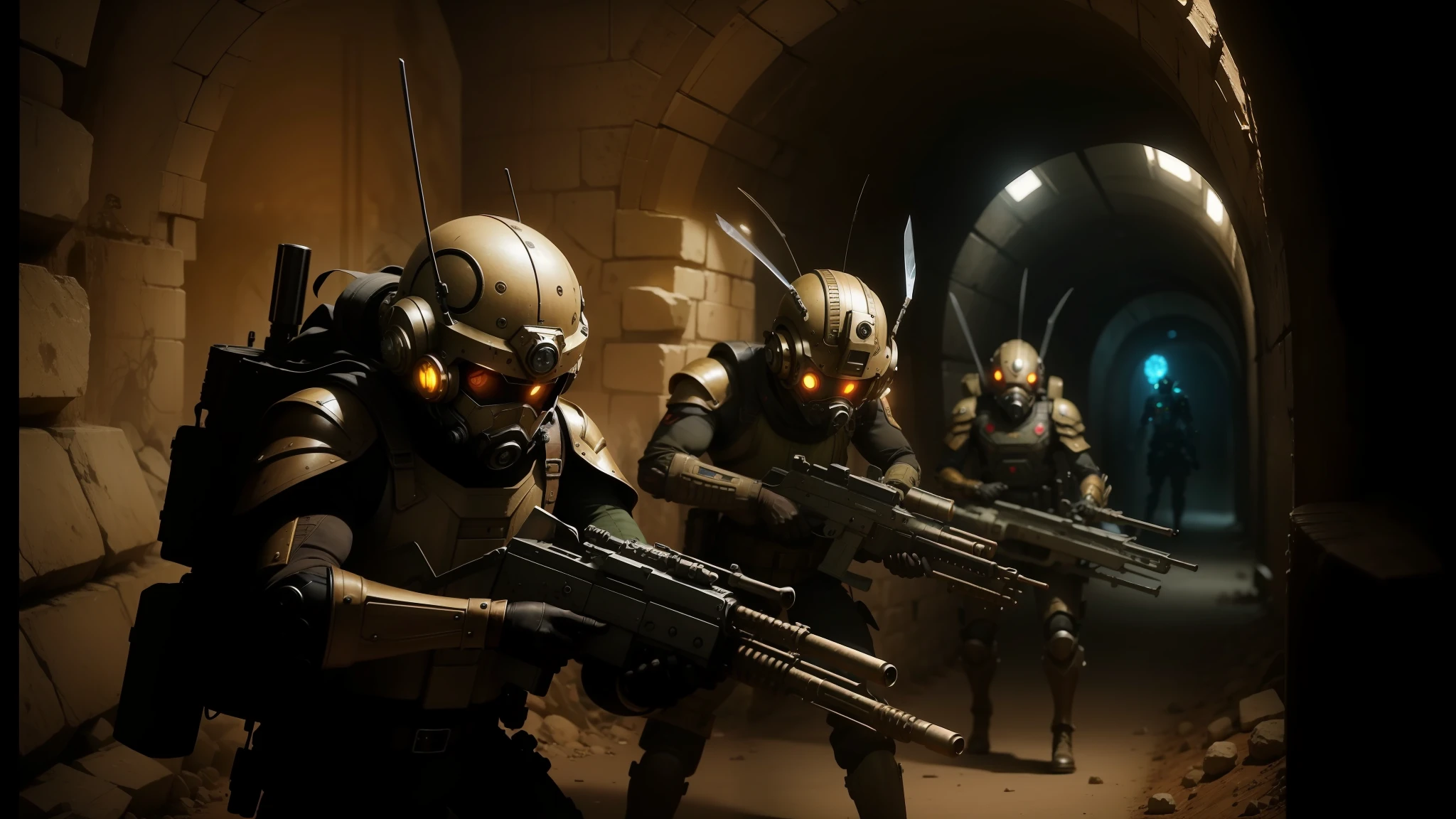several soldiers with weapons are walking through a tunnel, still from alita, steampunk robot ant, from doctor who series, action poses with weapons, wasps, inspired by Kamagurka, the potatoes eaters, screengrab, miners --auto --s2