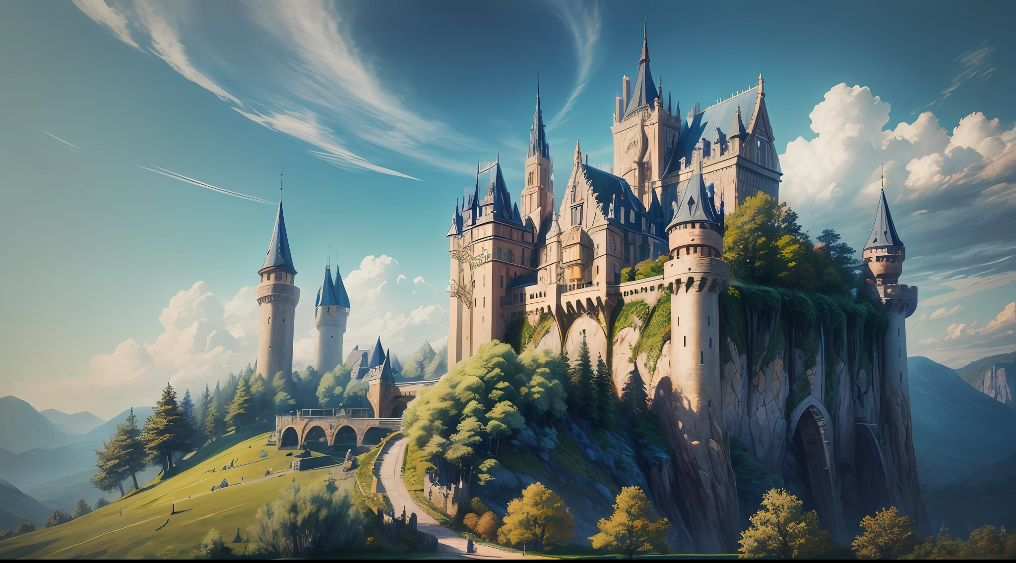 Embark on a visual journey through time and witness the breathtaking beauty of a medieval castle depicted as a magnificent tapestry. The castle's vibrant colors and intricate details are woven together with fine threads, creating a mesmerizing work of art. The tapestry depicts an extraordinary castle perched on a hill, surrounded by a lush landscape filled with mythical creatures and enchanting flora. Each stitch brings to life the fantasy elements of the castle, from the swirling towers to the elaborate stone carvings. The style employed is impressionistic, inspired by the brushwork of Monet, giving the image a sense of softness and poetic charm. Camera shot: wide angle, Camera lens: soft focus, Lighting: nostalgic lighting, impressionistic brushwork,