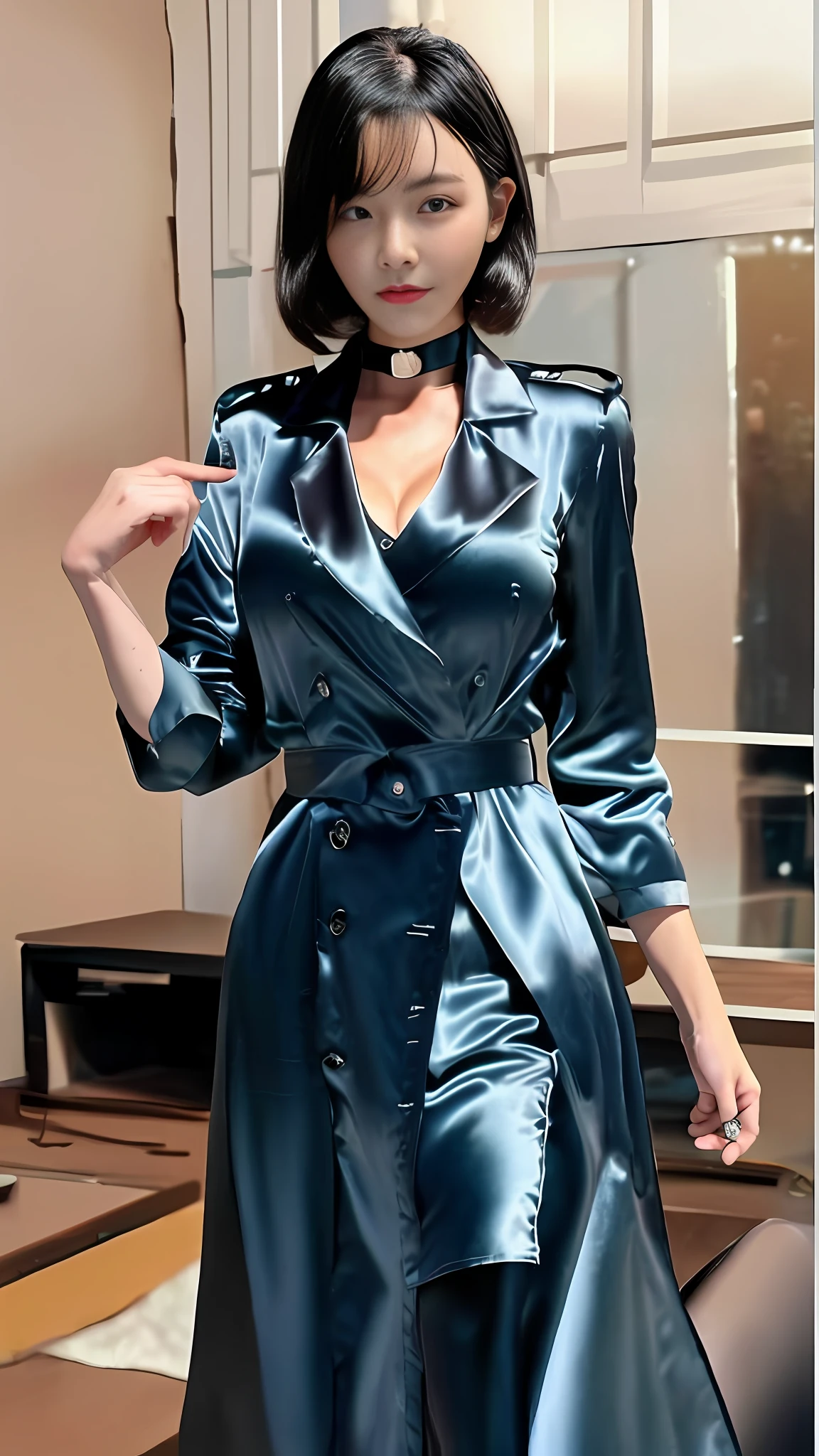 top quality, high resolution, ultra-detailed, wear a satin wrench coat, the material of the satin wrench coat and satin blouse is shiny, soft and smooth to the touch, the buttons of the satin wrench coat are large, the buttons in front of the satin wrench coat are fastened, and the underwear is not worn, the collar of the satin blouse must be taken out of the satin wrench coat, Body-fitting satin blouse, satin blouse color is black, chest is C cup, Japan AV model, wearing a shirt, wearing a coat, one beauty, the place is a hotel bedroom, the eyes are clear double, Wet lips and appeal, the subject is alone, the subject's face is all on the screen, inviting provocative look, sleeping on your back on the bed,