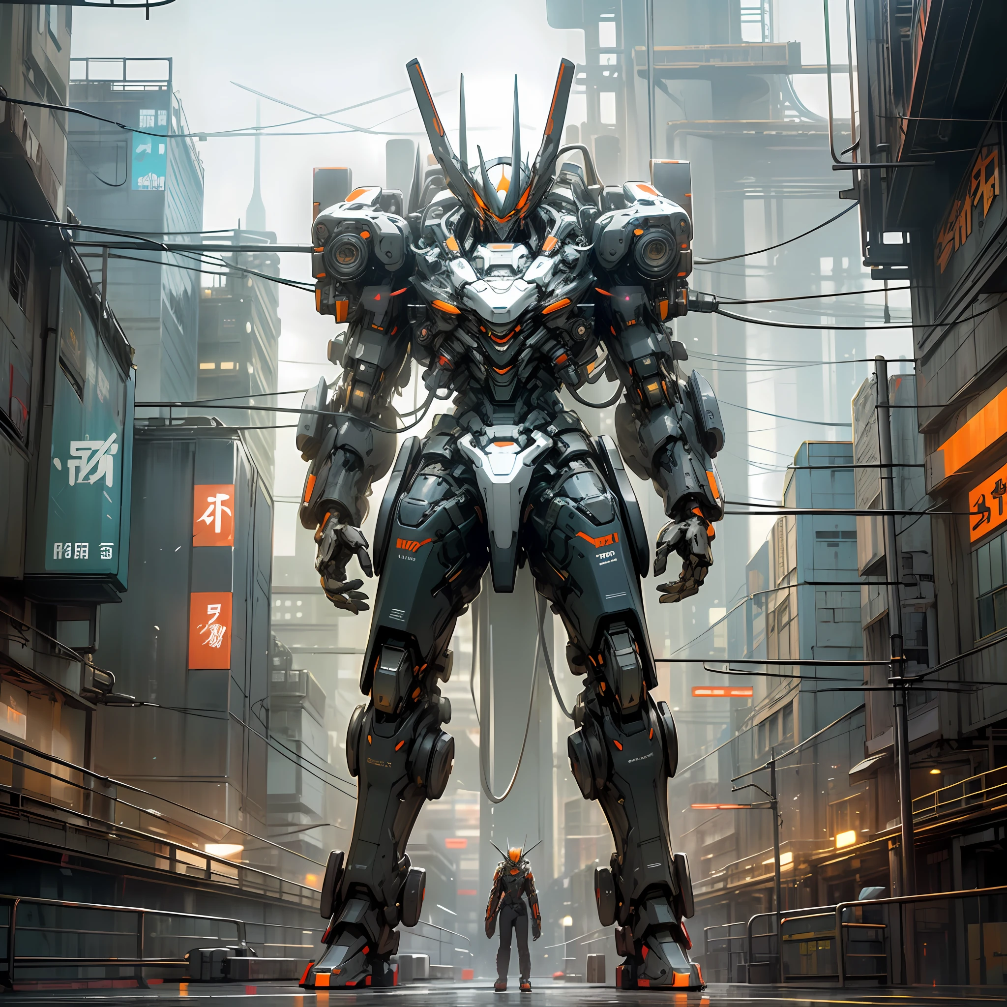 (Cyberpunk + Mechanics + Mecha: 1.2), Rich in Detail, No People, No Characters, Orange + (Mechanical + Mecha) *0.8, Shanghai Street View, Future + (Street View: 0.8), Exoskeleton + (Body: 1.3) --auto --s2