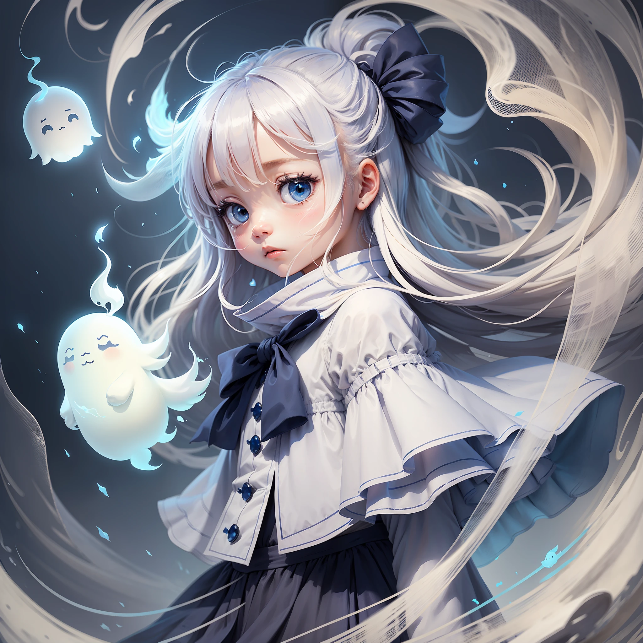 There is a white picture of ghost on blue sky background, Twitter, ghost, floating ghost, white outline, cute funny ghost, twitter profile picture, fuzzy ghost, blob anime, blob, ghostly ghost, chibi ghost, --auto --s2