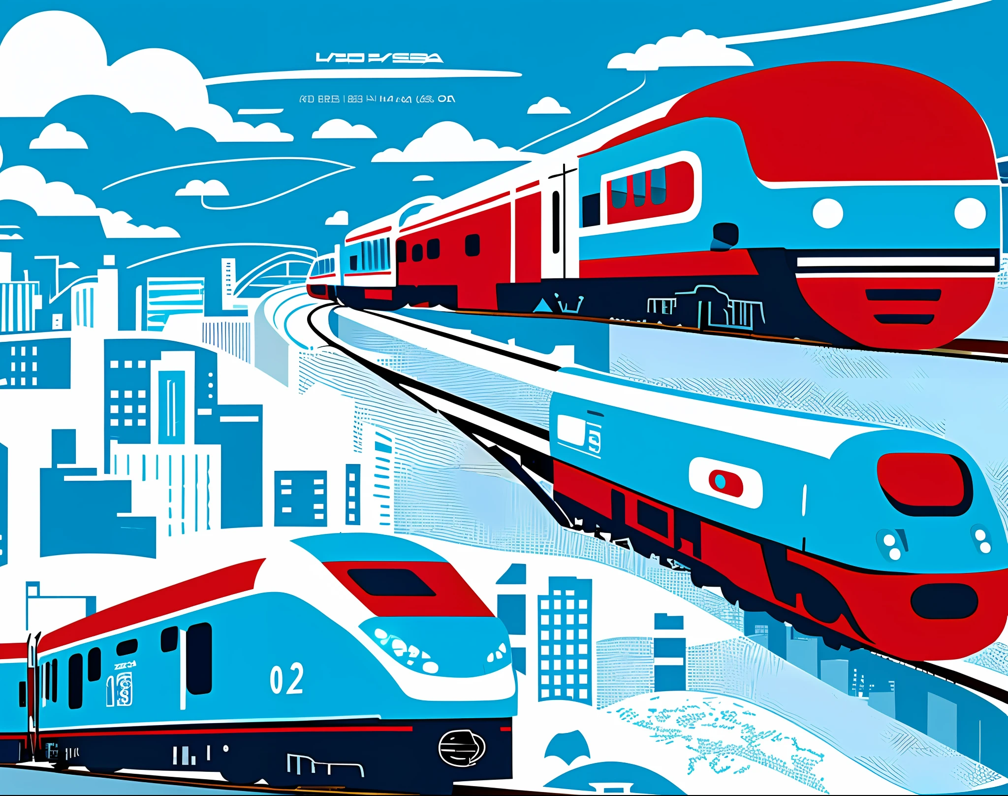 A simplified graphic illustration depicting one electric train on the rails against the background of the city is clearly visible. Blue and red color palette.