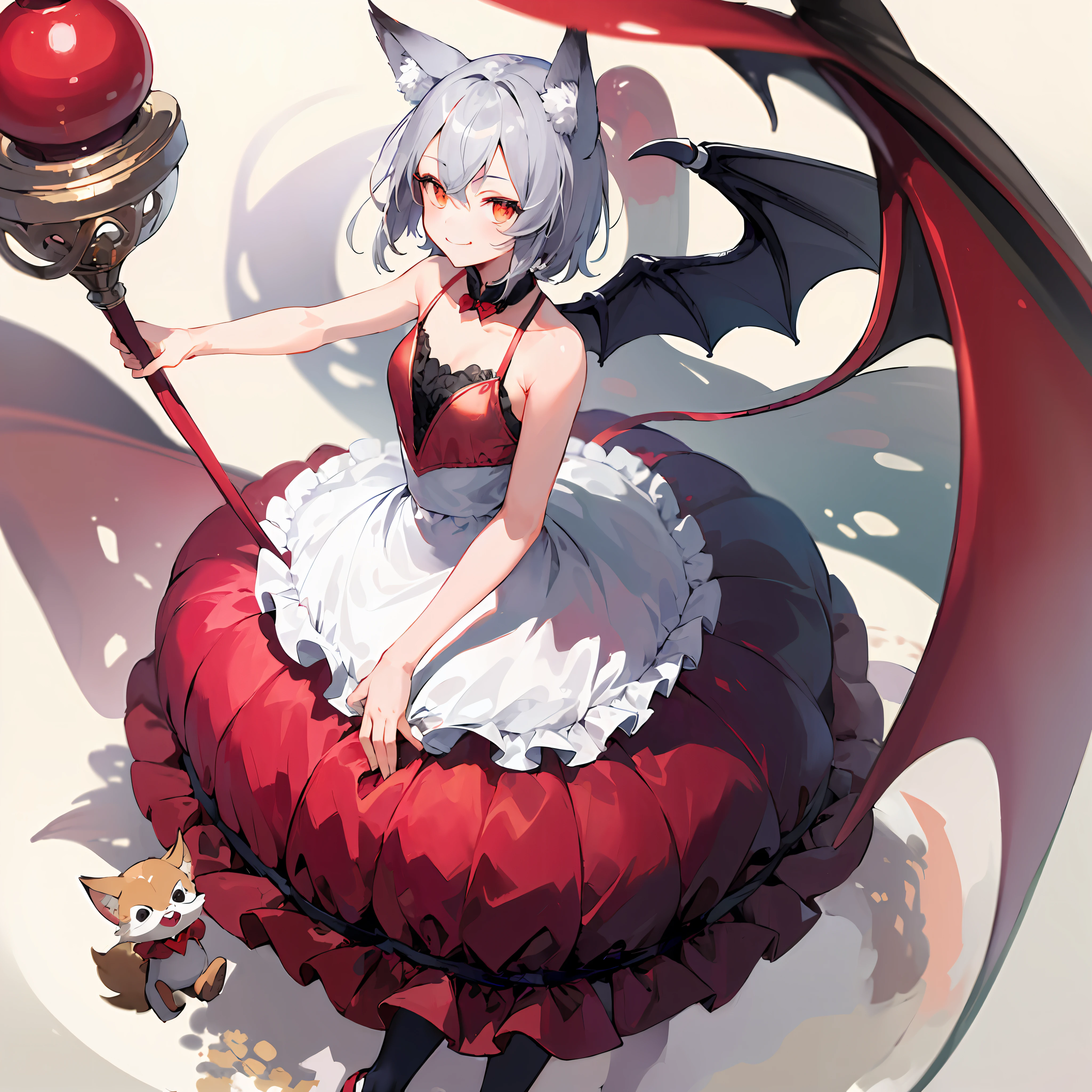 (((((masterpiece))))), high quality, very_high_resolution, large_filesize, full color、flat color, flat shading, fox ears, gray hair, short, little devil wings, pose in motion, charming smile, girl cute