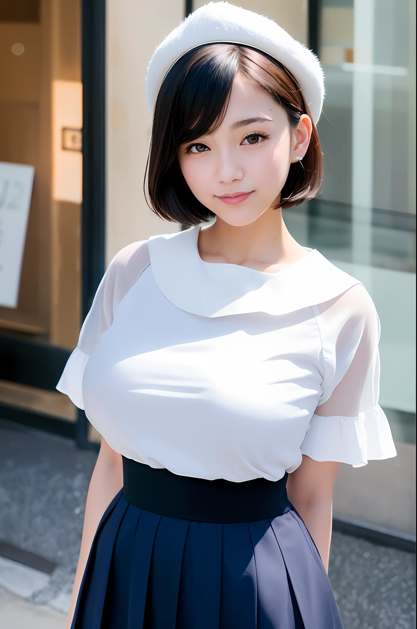 (Skin Blemishes: 1.2), (Skin Dents), Black Eyes, 1 Woman, , (Female))), Solo, Realistic, Best Quality, Photorealistic, Masterpiece, 8K, High Resolution, Solo, Highly Detailed Face, (Professional Lighting, Bokeh), (Light Particles, Lens Flare, Luminous Particles: 0.6), (Dynamic Pose: 1.2), Soft Lighting, Angle View from Above Fashionable and trendy atmosphere, Japan, street, Tokyo, city, ((daytime)), sky, ((viewer's perspective: 1)), (camera perspective), (camera gaze), (camera gaze), (portrait: 0.6), cowboy shot, gorgeous, standing figure, slim, keep original facial proportions, whole body, (big breasts), big breasts, big breasts, tall stature, big eyes, cheerful pose , (short hair), short hair, short hair, short hair, forehead, black hair, floating hair, lips, lipstick, floating hair, lively smile, lively smile, (sailor uniform), (Japan school uniform), white sheer blouse, dark blue ribbon, dark blue skirt, small white beret, eyelashes, full body, thighs