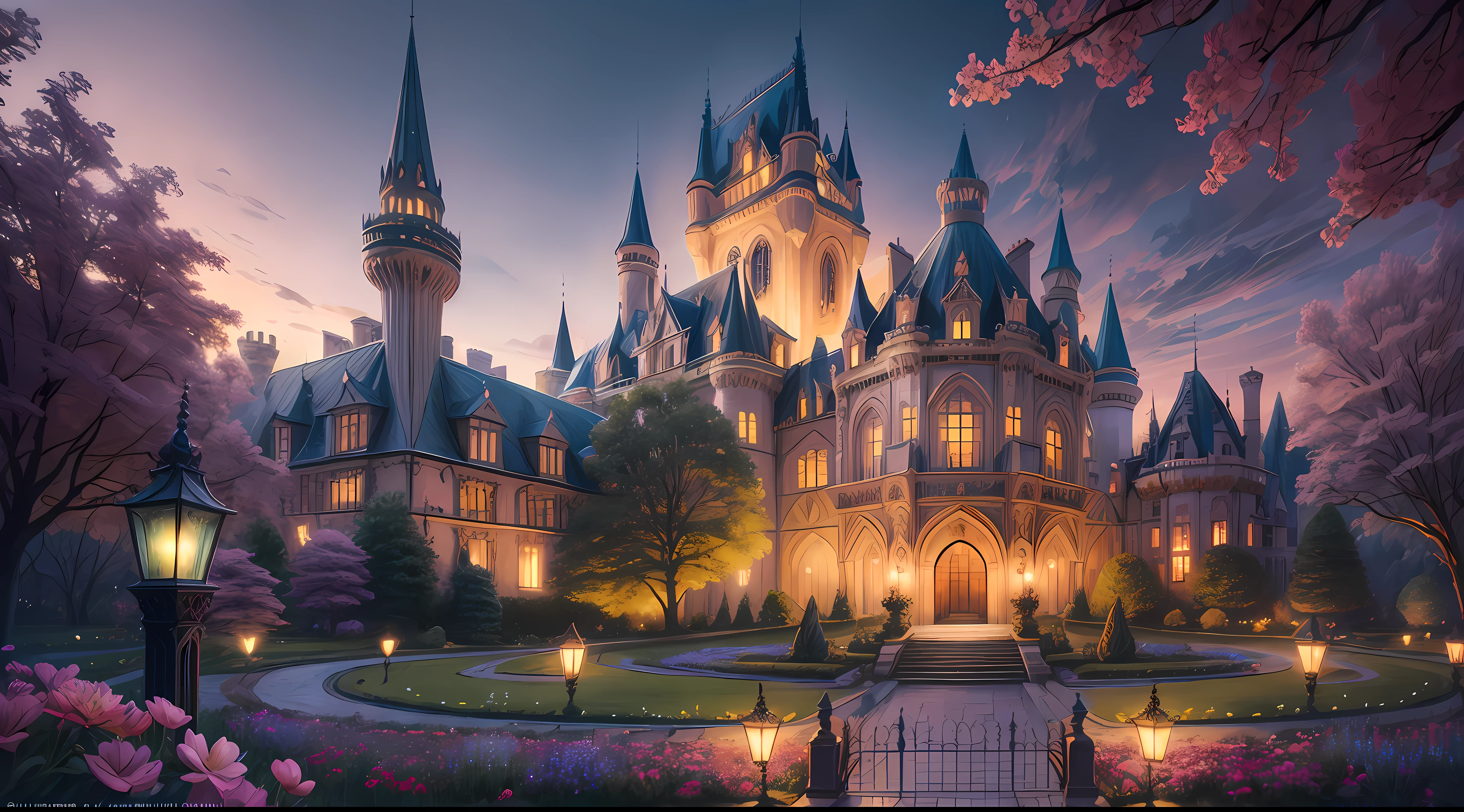 Step into a dreamlike world where reality blends seamlessly with fantasy. Picture a medieval castle nestled within an extraordinary landscape. The castle is bathed in soft, ethereal lighting, with a surreal glow emanating from the surrounding flora. The architecture is reminiscent of fairytale castles, featuring intricate details that weave together elements of nature and magic. Enchanting gardens, filled with vibrant, otherworldly flowers, spread around the castle, creating a haven of serenity and beauty. The style employed is artistic, akin to an oil painting by a renowned master, infusing the image with a dreamlike quality. Camera shot: medium shot, Camera lens: wide angle, Lighting: soft, ethereal glow, artistic details,