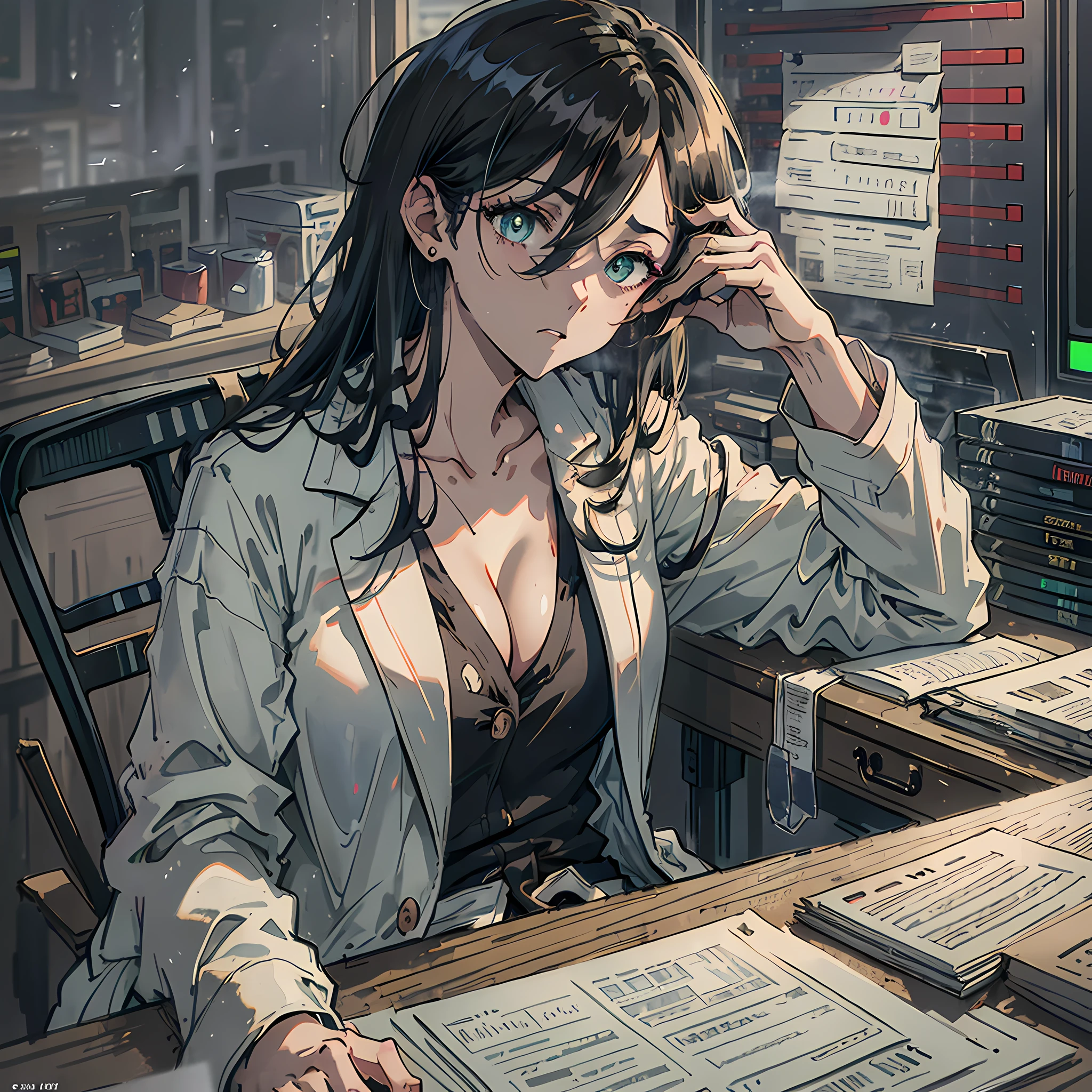 ((Solo character, best quality, masterpiece, dark lighting, eye bags, dark, office chair, factory background)), anime girl sitting on office chair at computer, strewn papers, cluttered desk, holding cup of coffee, smoking cigarette, ((black hair, spiky hair, messy hair, long hair over one eye, long bangs, medium breasts, cleavage)), eye bags, green eyes, angry expression, white button up shirt, ((white lab coat)), jeans, bloodstained clothes, dark lighting, night --auto --s2