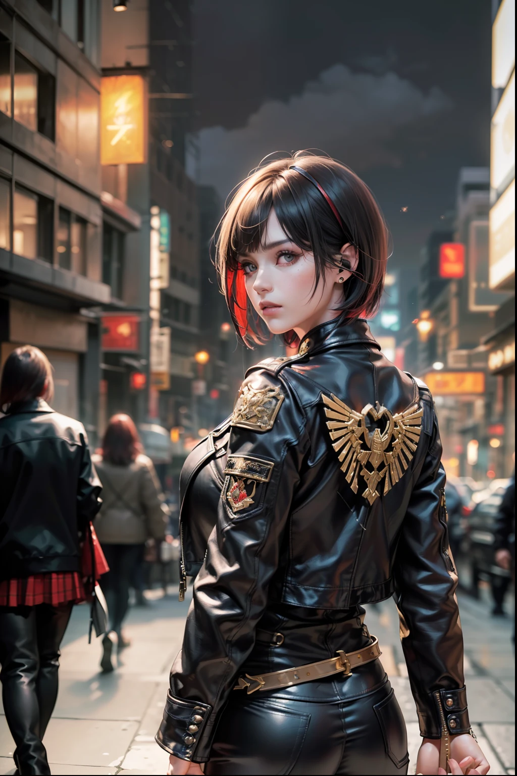 ((Best Quality:1.2, 8k,f/1.8,HDR, Sharp Focus:1.2, photo realistic:1.4, Masterpiece, depth:1.2, super fine :1.2, Ultimate 1Girl, Highly Detailed Facial Textures, detailed beauty makeup: 1.4, realistic skin, detailed eyes, detailed bangs)), (shining gold leather jacket), (leather pants), (headphones), （holding weapon), absurdity, (night city background), (dark clouds), (backlight), ((black and red two-tone asymmetrical short hair:1.2)), ((glaring)) , (big breasts), (mans surrounding girls: 1.4), (small chest tattoo), from above, looking back