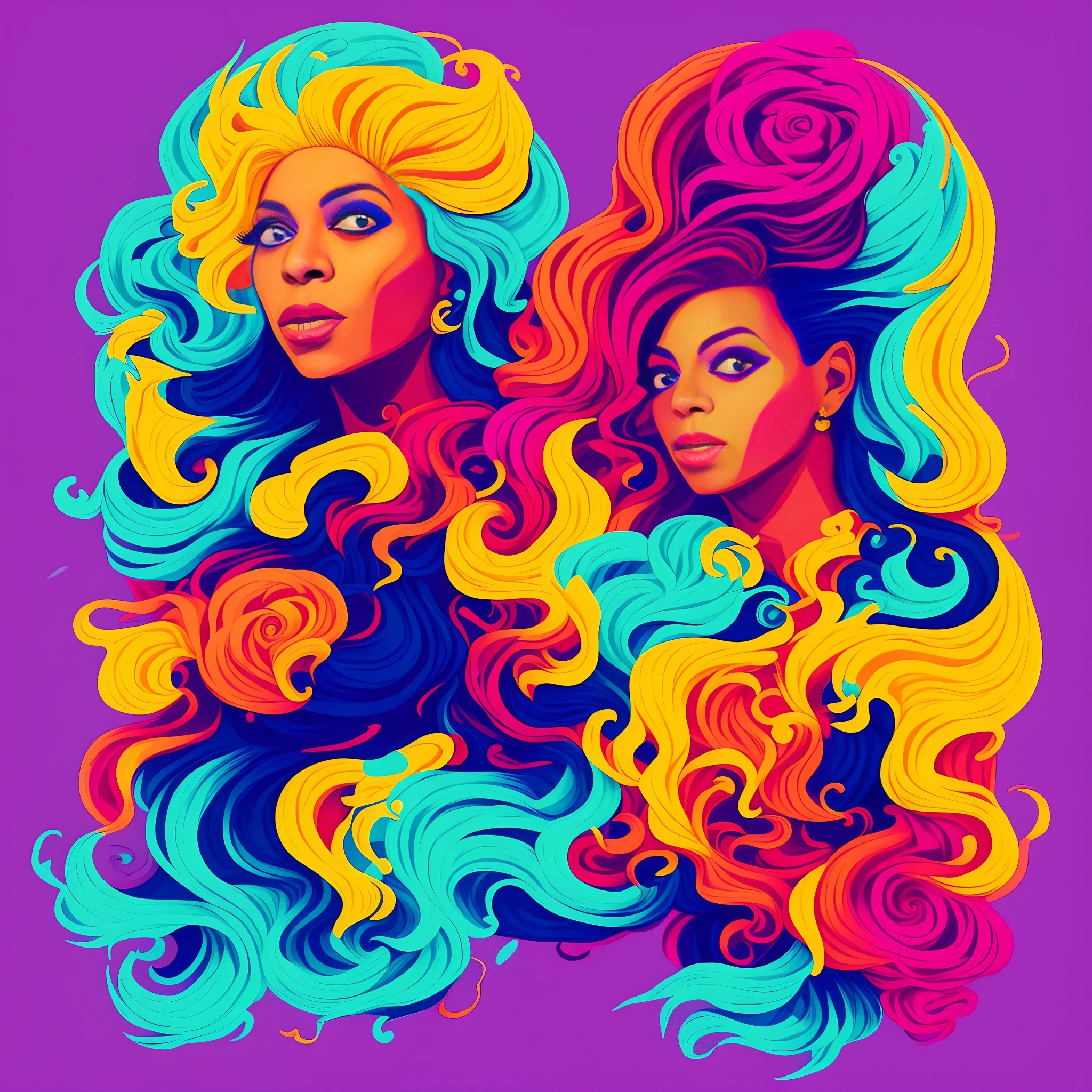 portrait of one beyonce dancing in ecstasy, t-shirt logo, in the style of tapered fine outline, with beeple and jeremiah ketner, cutecore clowncore, surrealistic digital artwork, fabulous illustrations, colorful illustration, extremely high quality artworkart on (empty background:1.4)