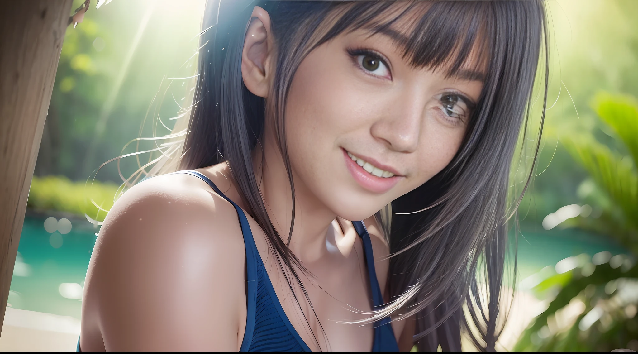 japanese girl, sunlight, backlight, blue tight swimsuit exposed full body, facing viewer, gray hair, smile, ray tracing, best quality, masterpiece, uhd, anatomically correct, textured skin, high detail