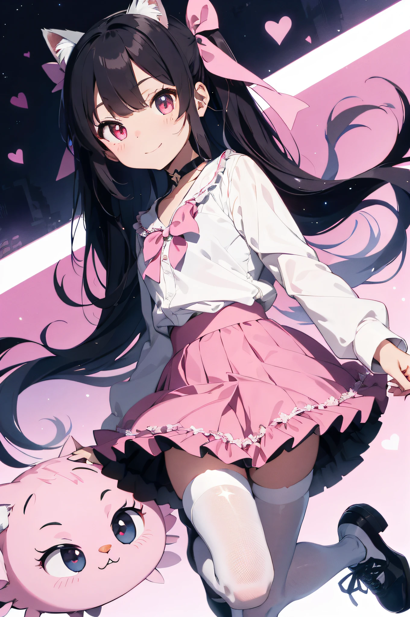 masterpiece, Best quality, Cat-eared girl, Solo, long_hair, looking_at_viewer, Bangs, Skirt, Shirt, black_hair, long_sleeves, Bow, Ribbon, Twin tails, hair_bow, Heart, Pantyhose, Ruffles, Shoes, Choker, blunt_bangs, black_skirt, pink_eyes, Hello, frilled_skirt, pink_bow, fishnets,pink_shirt, fishnet_pantyhose, platform_footwear, pink_theme, pill, jirai_kei, pink background, pink theme, monochrome, wariza, light smile