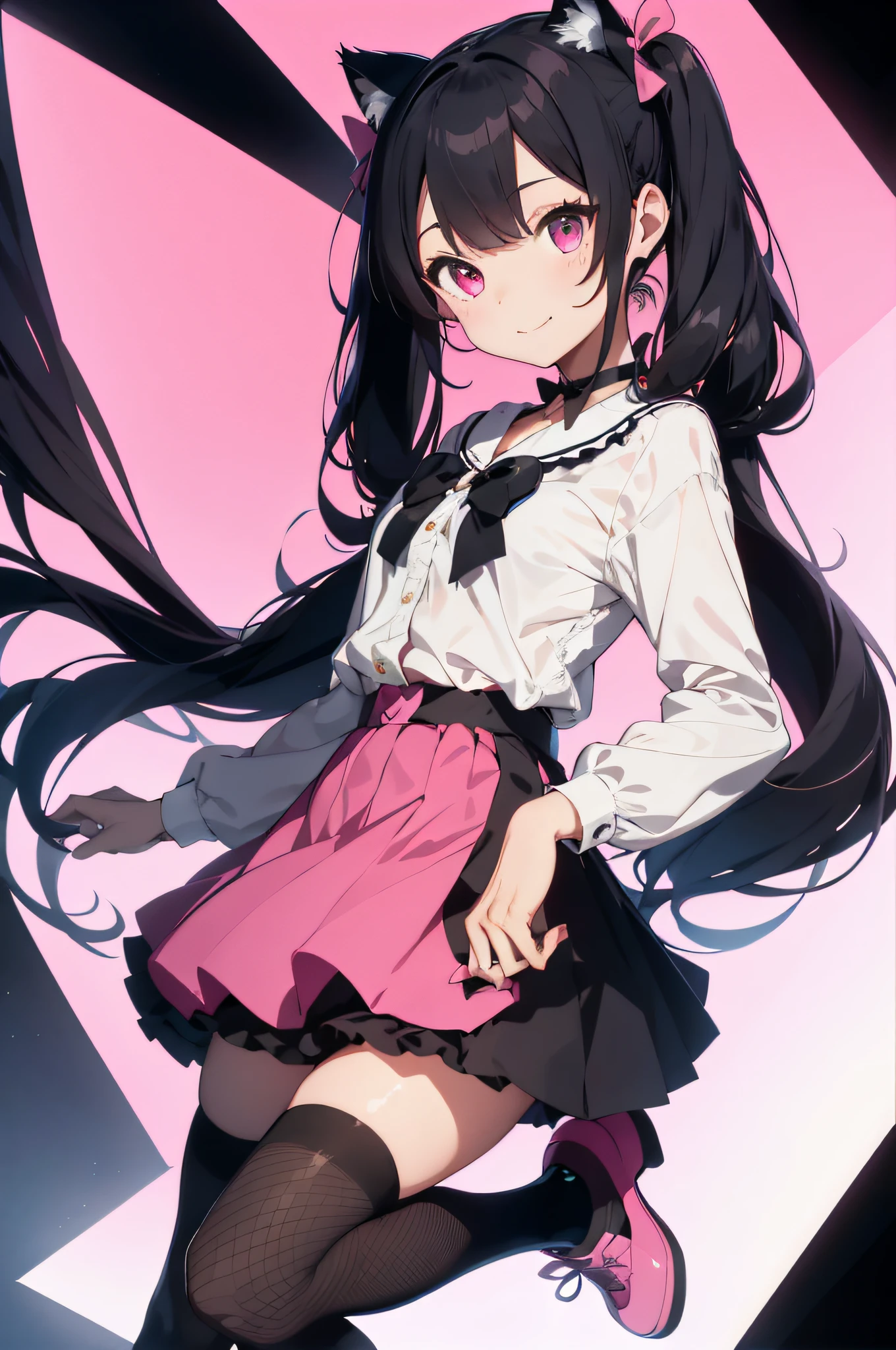 masterpiece, Best quality, Cat-eared girl, Solo, long_hair, looking_at_viewer, Bangs, Skirt, Shirt, black_hair, long_sleeves, Bow, Ribbon, Twin tails, hair_bow, Heart, Pantyhose, Ruffles, Shoes, Choker, blunt_bangs, black_skirt, pink_eyes, Hello, frilled_skirt, pink_bow, fishnets,pink_shirt, fishnet_pantyhose, platform_footwear, pink_theme, pill, jirai_kei, pink background, pink theme, monochrome, wariza, light smile