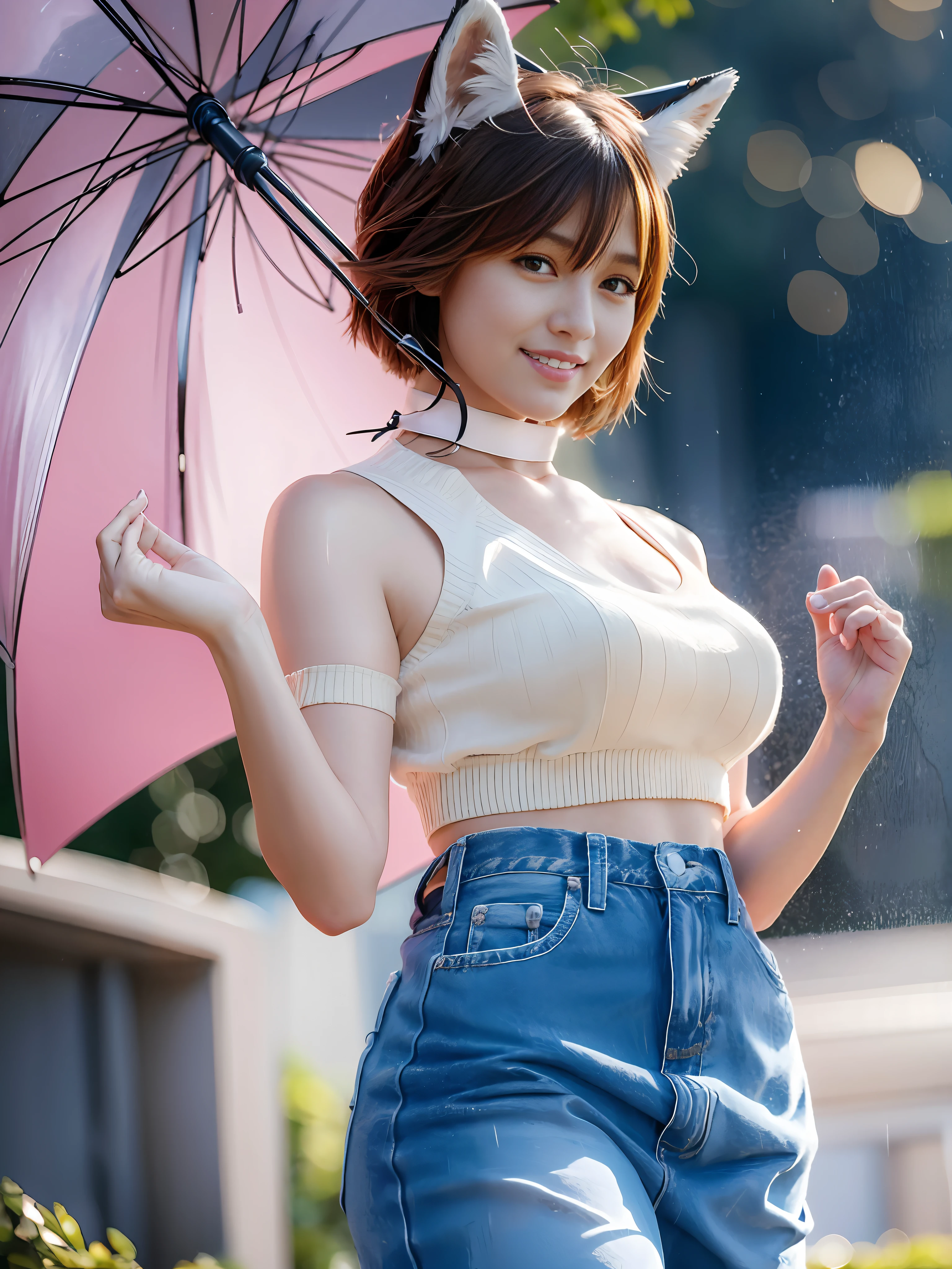 (64K, UHD, Best Quality, Masterpiece: 1.2), (Realistic, Photorealistic: 1.37), Super Detail, 1 Girl, Cute, Solo, Beautiful Detailed Sky, Detailed Ballpark, Night, Full Length View, Standing, One Leg Up, Right Hand Raised High, Left Hand Slightly Raised, 23 years old, Height 167cm, Weight 55kg, Bust 85cm, F Cup, Waist 56cm, Hips 80cm , (blushing nose), (smile: 1.15), (closed mouth), big, beautiful fine eyes, (shirt with collar: 1.1), wearing fox ears, night, wet, fitted white collared shirt, denim shorts, fox tailed, chest wide open, rain, (short hair: 1.2), floating hair NovaFrogStyle,