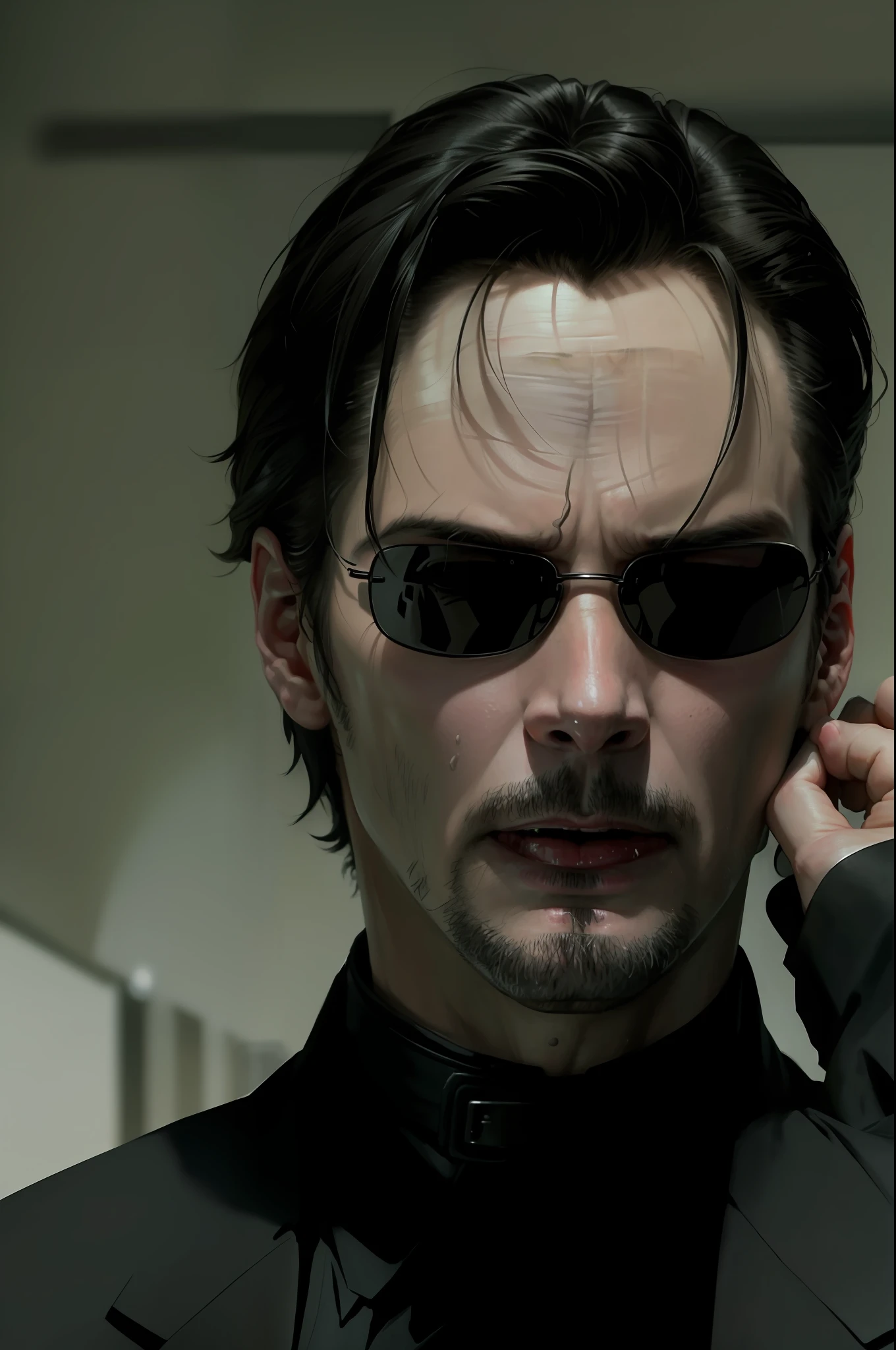 Neo wearing black trench coat with cape, black leather ,(((Keanu Reeves face como neo de The Matrix 1999))) face ,((melhor qualidade)), ((obra-prima)), (detalhada) fan art de (neo from the matix) face, ((neo de matrix face)), keanu reaves, the matrix (1999), óculos escuros, noite, 80mm, ((animação ocidental)), (neo the matrix (1999)), (cabelo curto), (Tokyo Street Nights), (((beardless))), (((Neo from The Matrix 1999))), (((young)))
