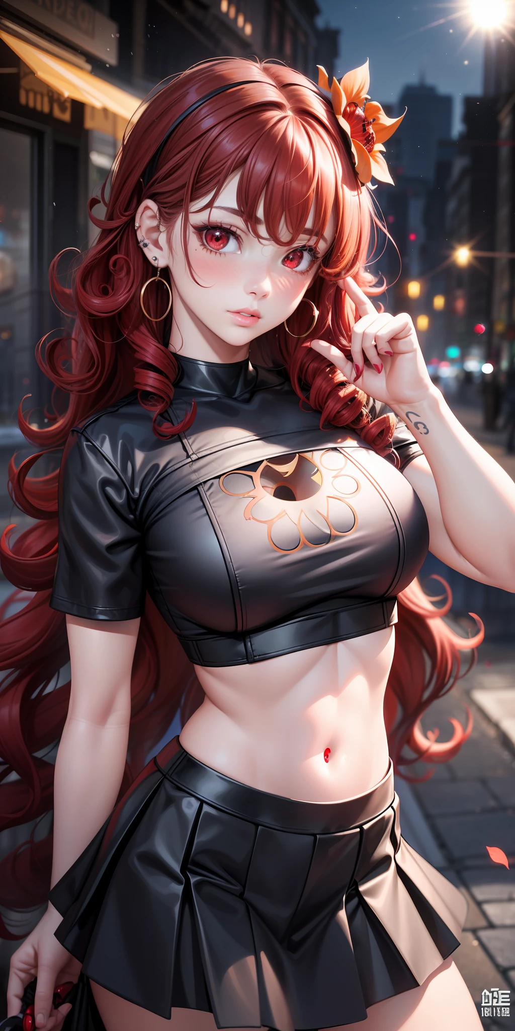 (Face close-up: 1.5),(Realistic),1 girl,Red hair,Long hair,(curly:1.3),Red eyes,Glowing eyes,Shy expression,Blushing cheeks,Beautiful lips,Body piercings for ears,Crop top,Skirt, parted lips, blush, night, flower, sun, sunlight, (selfie style))