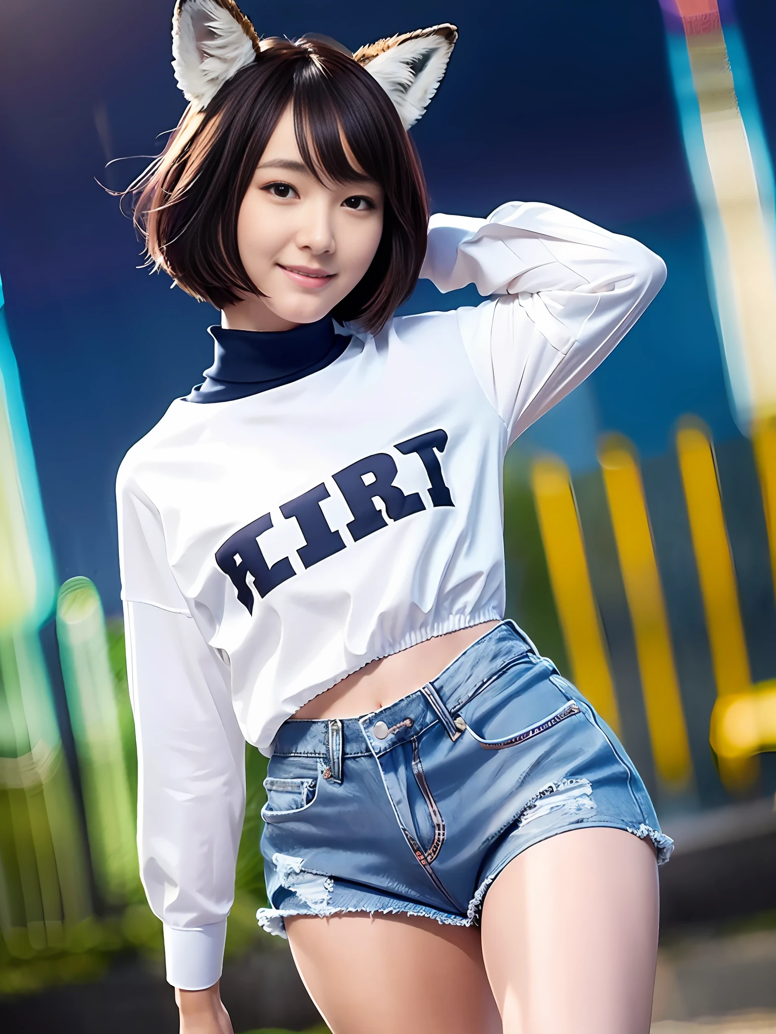 (64K, UHD, Best Quality, Masterpiece: 1.2), (Realistic, Photorealistic: 1.37), Super Detail, 1 Girl, Cute, Solo, Beautiful Detailed Sky, Detailed Ballpark, Night, Full Length View, Standing, One Leg Up, Right Hand Raised High, Left Hand Slightly Raised, 23 years old, Height 167cm, Weight 55kg, Bust 85cm, F Cup, Waist 56cm, Hips 80cm , (blushing nose), (smile: 1.15), (closed mouth), big, beautiful fine eyes, (shirt with collar: 1.1), wearing fox ears, night, wet, fitted white collared shirt, denim shorts, fox tailed, chest wide open, rain, (short hair: 1.2), floating hair NovaFrogStyle,