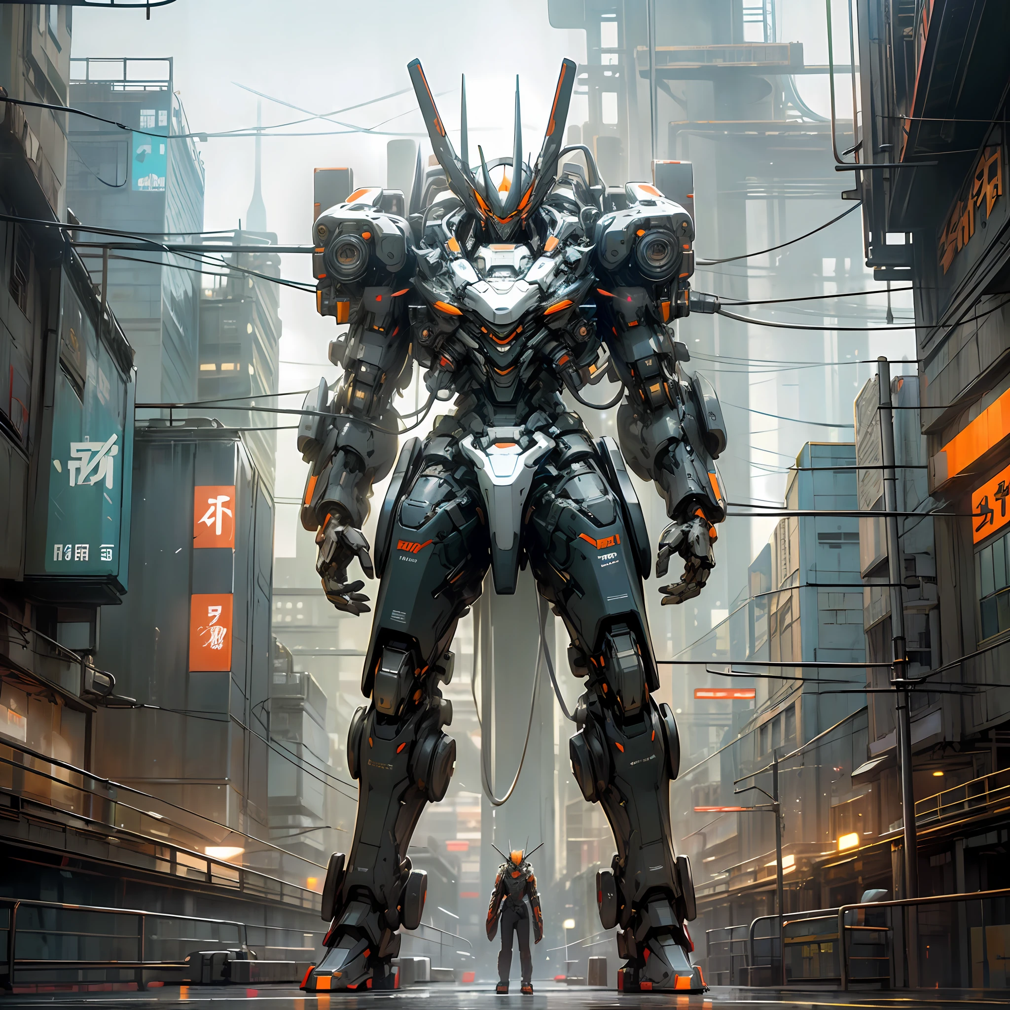 (Cyberpunk + Mechanic + Mecha: 1.2), Rich in Detail, No People, No Characters, Shabby, Orange + (Mechanical + Mecha) * 0.8, Shanghai Street View, Future + (Street View: 0.8), Exoskeleton + (Body: 1.3) --auto --s2