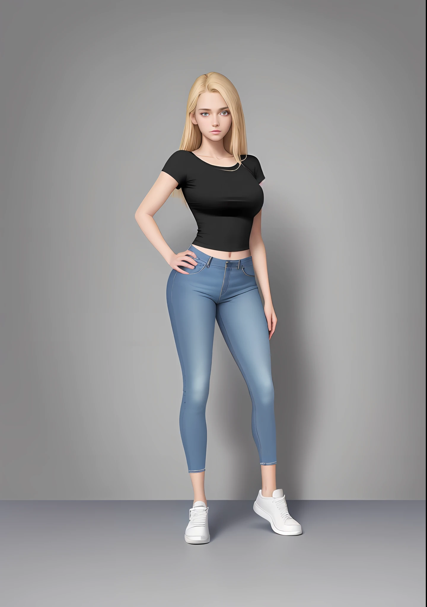masterpiece, best quality, 4k, blonde girl, delicate face, 15, with a black top and blue pants, (wearing jeans), blue sneakers, realistic shaded perfect body, full body details, hand on hips, full body close-up shot, highly detailed whole body, waist-shot, shaded cel: 15, realistic SFW proportions.