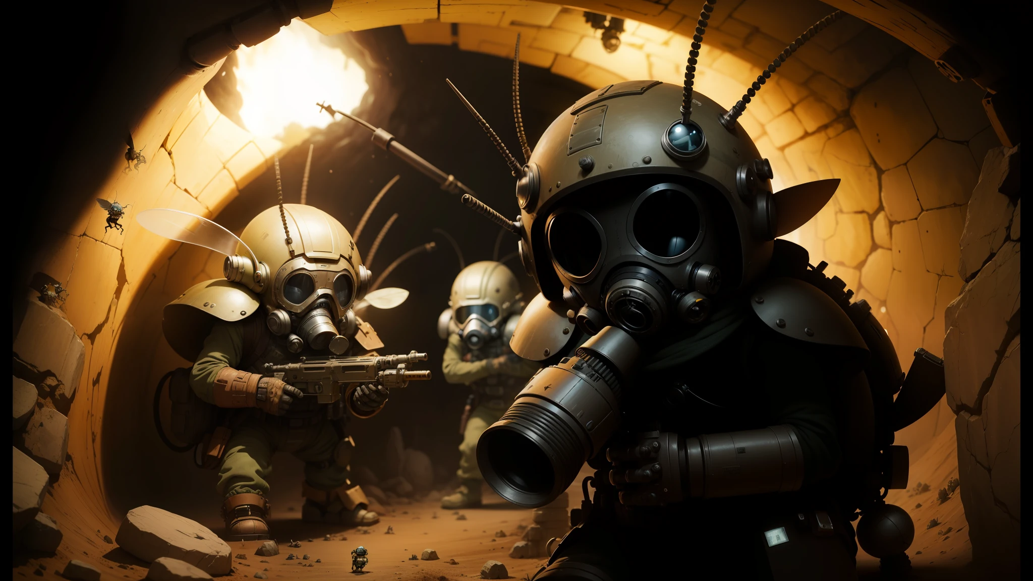 there are two men in gas masks and gas masks in a tunnel, ver.ka mecha machinarium, insects, shot on anamorphic lenses, miniature photography closeup, three dwarf brothers, mousefolk, ludek pesek, text : roborock, by Peter Madsen, alien desert, small fairies --auto --s2