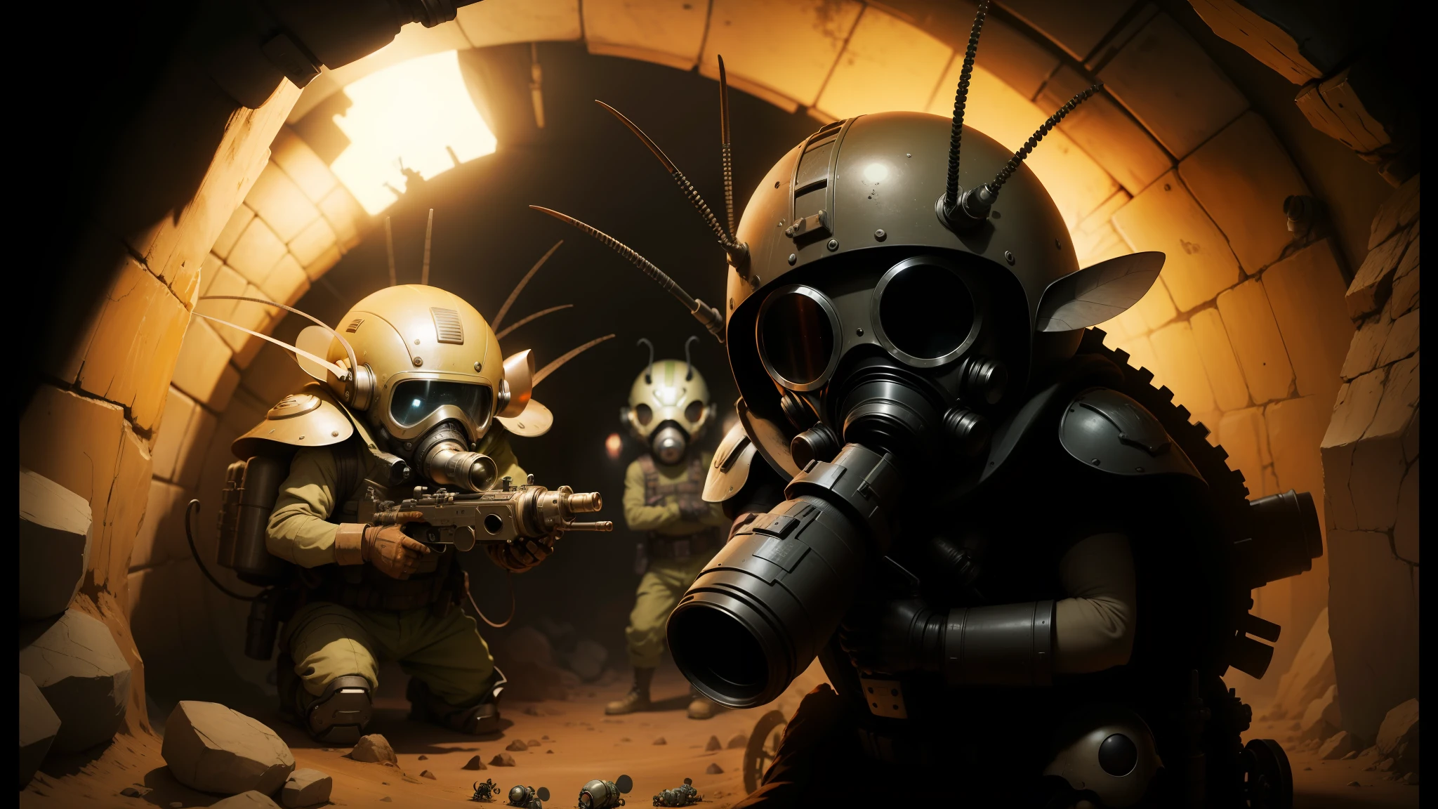 there are two men in gas masks and gas masks in a tunnel, ver.ka mecha machinarium, insects, shot on anamorphic lenses, miniature photography closeup, three dwarf brothers, mousefolk, ludek pesek, text : roborock, by Peter Madsen, alien desert, small fairies --auto --s2